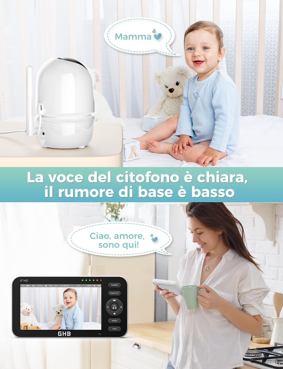 GHB Baby Monitor Video e Audio Videocamera Schermo 5'' 350°/110° Comunicazione Bidirezionale VOX Visione Notturna Monitoraggio Temperatura