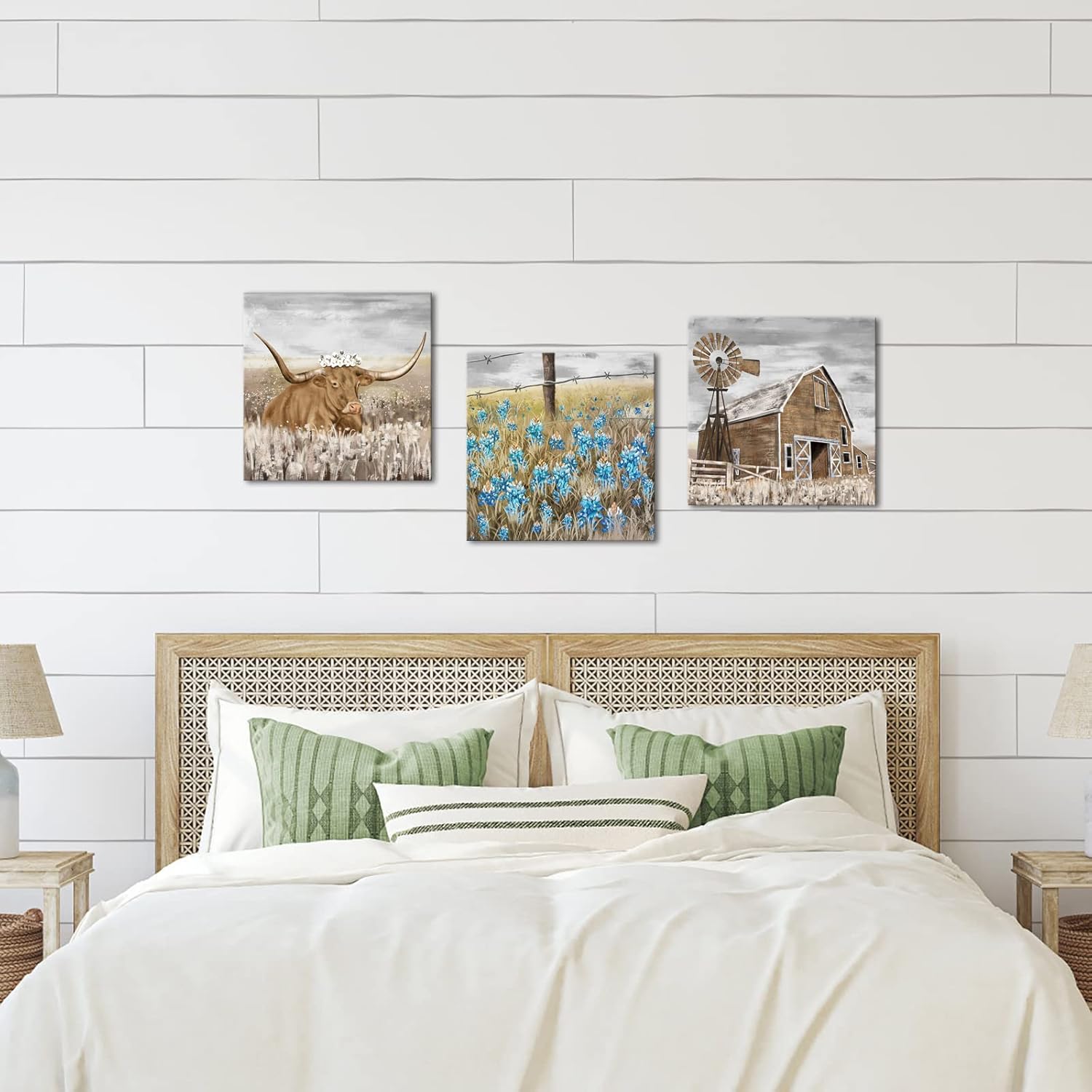 NutArtPic Farmhouse Canvas Art Farm Landscape Wall Art Longhorn Barn Texas Bluebonnet Picture Country Scene Artwork Painting for Home Decor 12''x12''x3pcs Framed