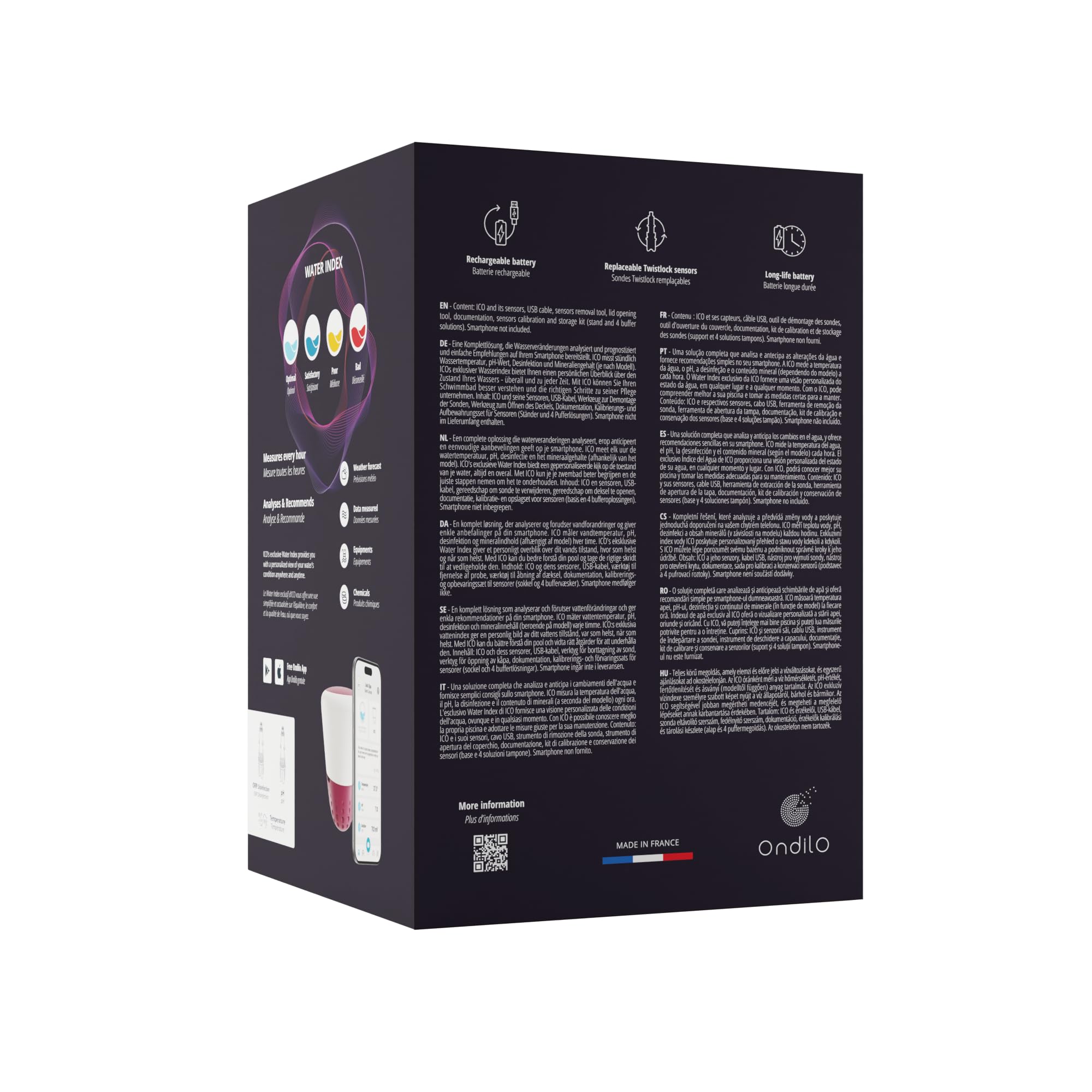 Ondilo ICO Spa V2 Essential+ Chlore Brome – Analyseur d’Eau connecté Spa | Mesures 1 fois/heure pH, ORP, température de l’eau – Kit de calibration inclus - Recommandations personnalisées