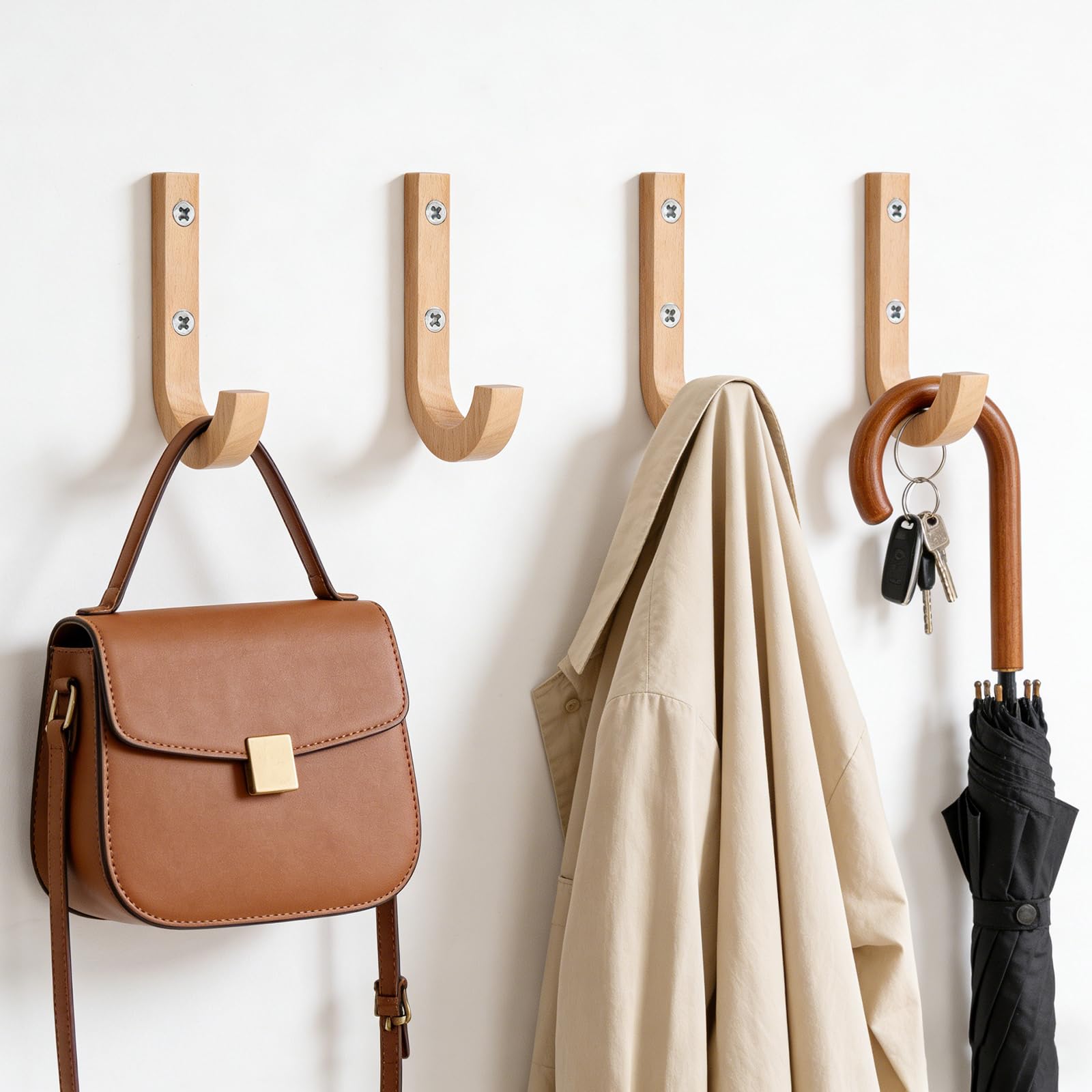 INQUIRLLY Kleiderhaken Holz 4 Stück Set Kleiderhaken Wand aus Massivem Handpoliert und Feuchtigkeitsbeständig Wandhaken Holz für Garderobe, Tür oder Akustikpaneele(Buchenholz, 13 mm)