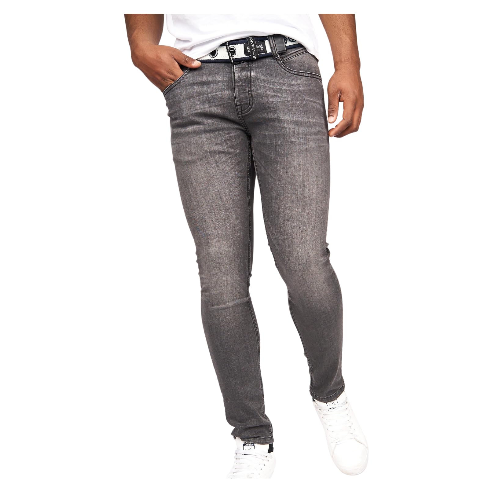 Crosshatch Men’s Barbeck Slim Fit Denim Jeans with Branded Belt, Grey Wash Stretch Cotton Trousers, Button Fly & Branded Hardware, W36 L32