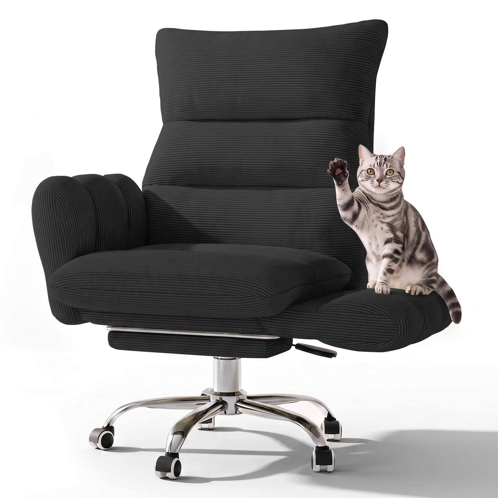 HOMRELEXA Bürostuhl, Schreibtischstuhl mit Fußstütze, klappbaren Armlehnen, 90°–135° Verstellbarer Rückenlehne, extra breiter 60-cm-Sitzfläche für Schneidersitz, ergonomischer Gamingstuhl, Schwarz | Klappbaren Armlehnen, Ausziehbarer Fußstütze, 90°–135° V
