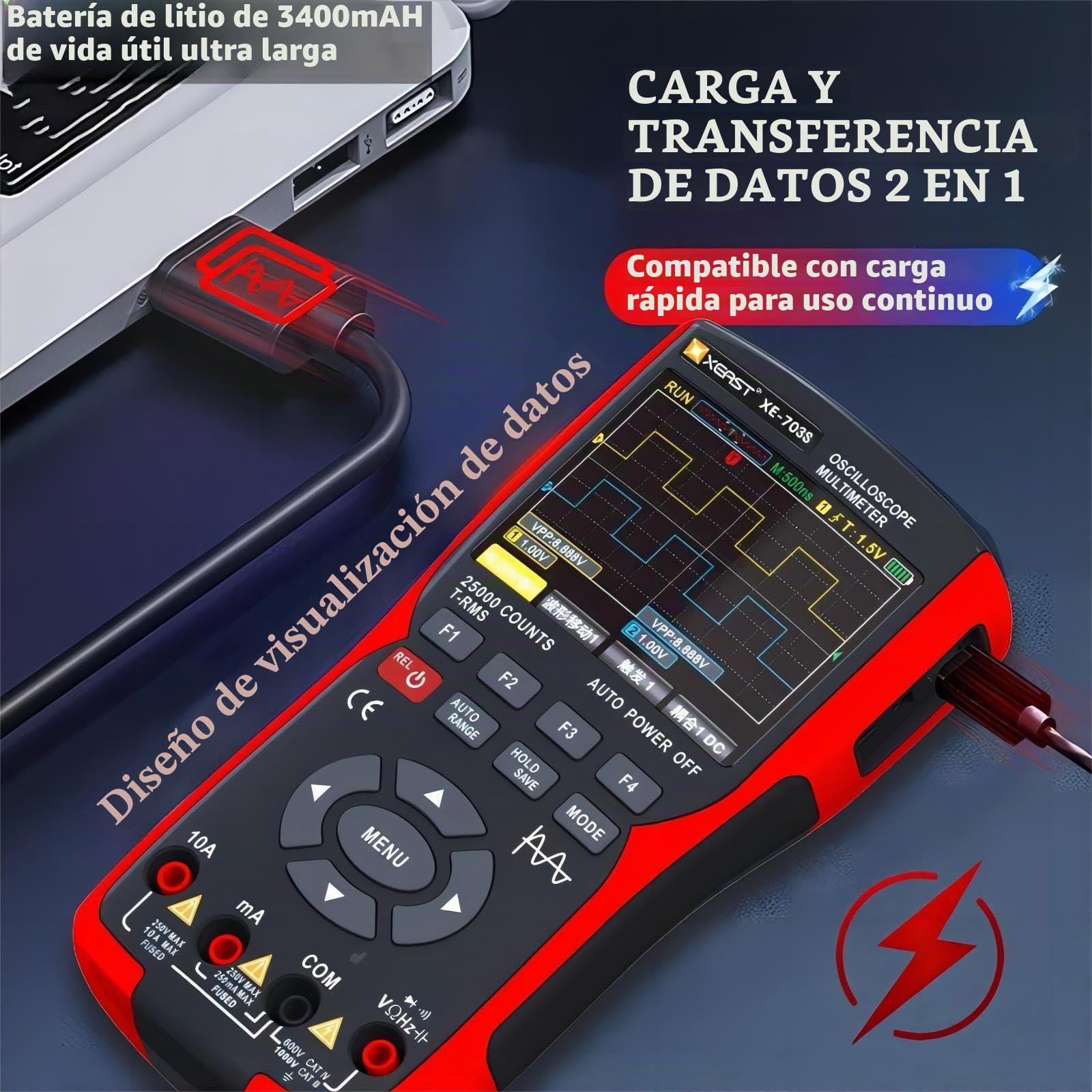 Osciloscopio de dos canales de ancho de banda de 50MHz, 25,000 recuentos multímetro digital, generador de señal DDS, pantalla LCD de 3,5 pulgadas probador de potencia 3 en 1, 280 MSa/s Osciloscopio