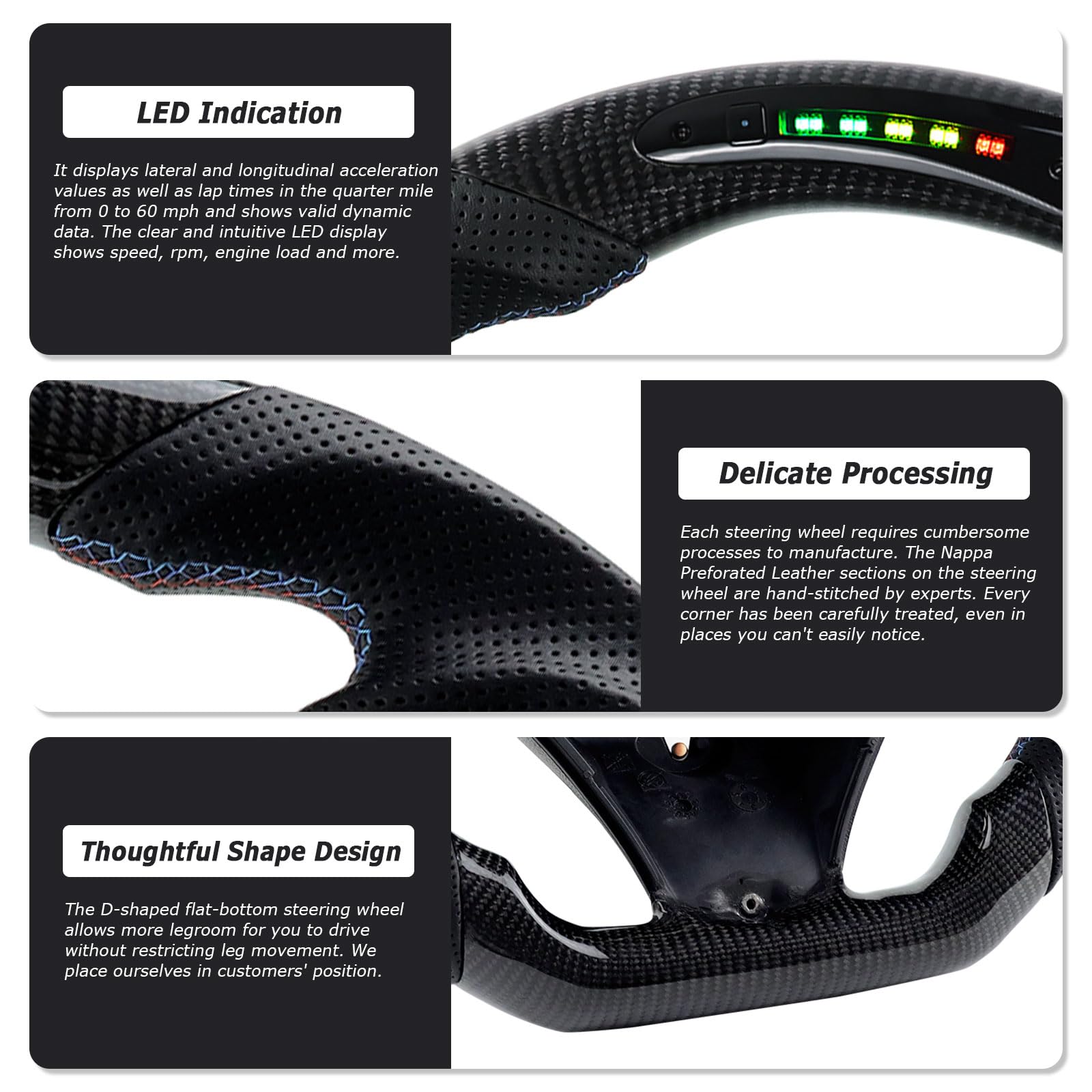 Carbonfaser-Lenkrad, Lederlenkrad D-Form Flachboden LED Schaltanzeige Lenkrad für BMW M Sport 1/3 Serie M3/E88 E90 E91 E92 E93 2005-2012