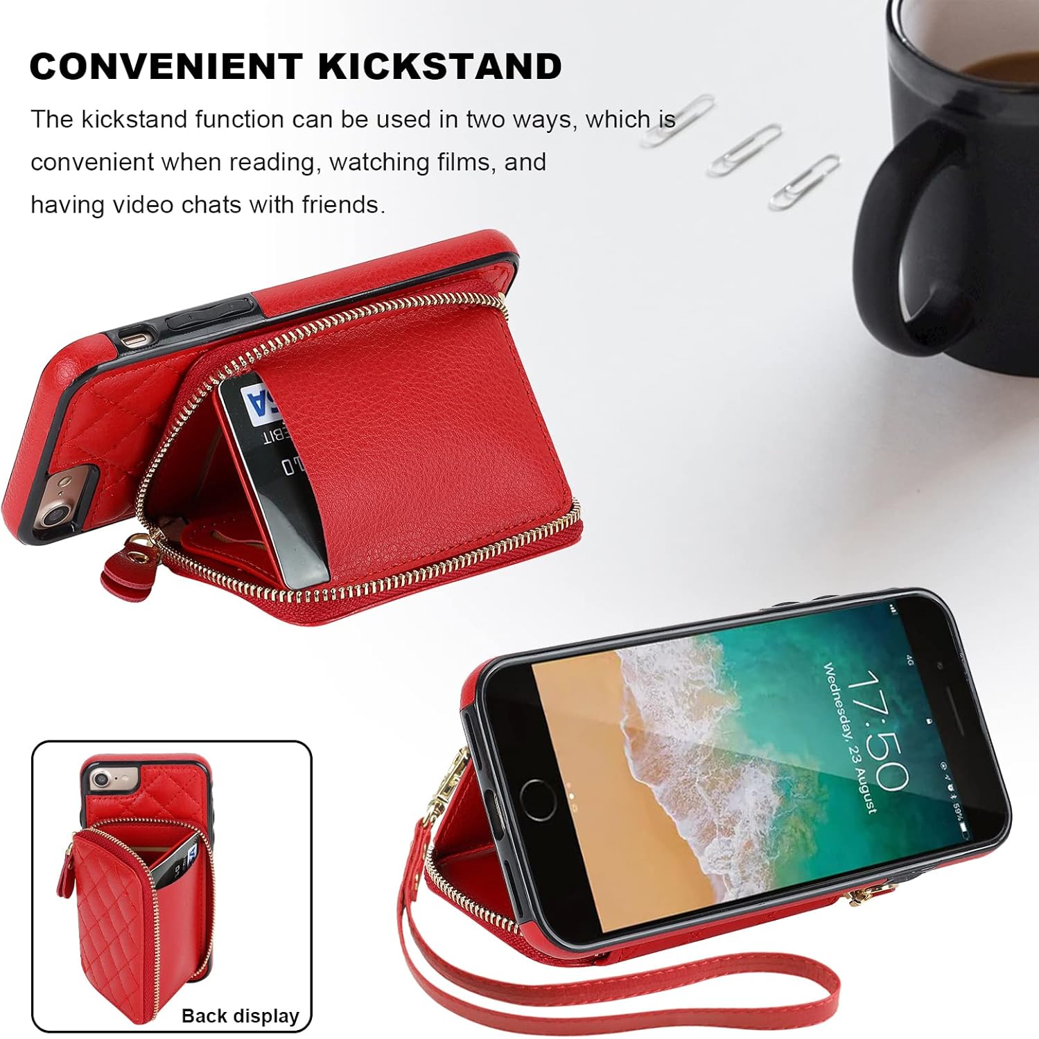 Bocasal Crossbody Wallet Case for iPhone SE 2022/SE 2020/8/7, RFID Blocking PU Leather Zipper Handbag Purse Flip Cover, Kickstand Folio Case with Card Slots Holder Wrist Strap Lanyard 4.7 Inch (Red)