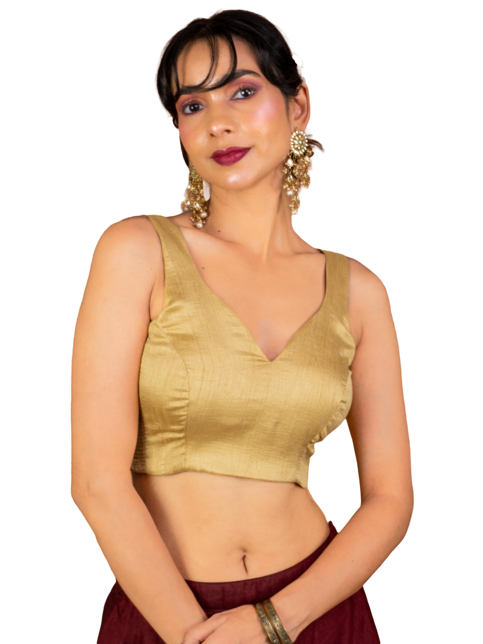 Women's Cotton Silk Stretchable (Smocked) Sweetheart V Neck Sleeveless Readymade Saree Blouse STNS2-image-35