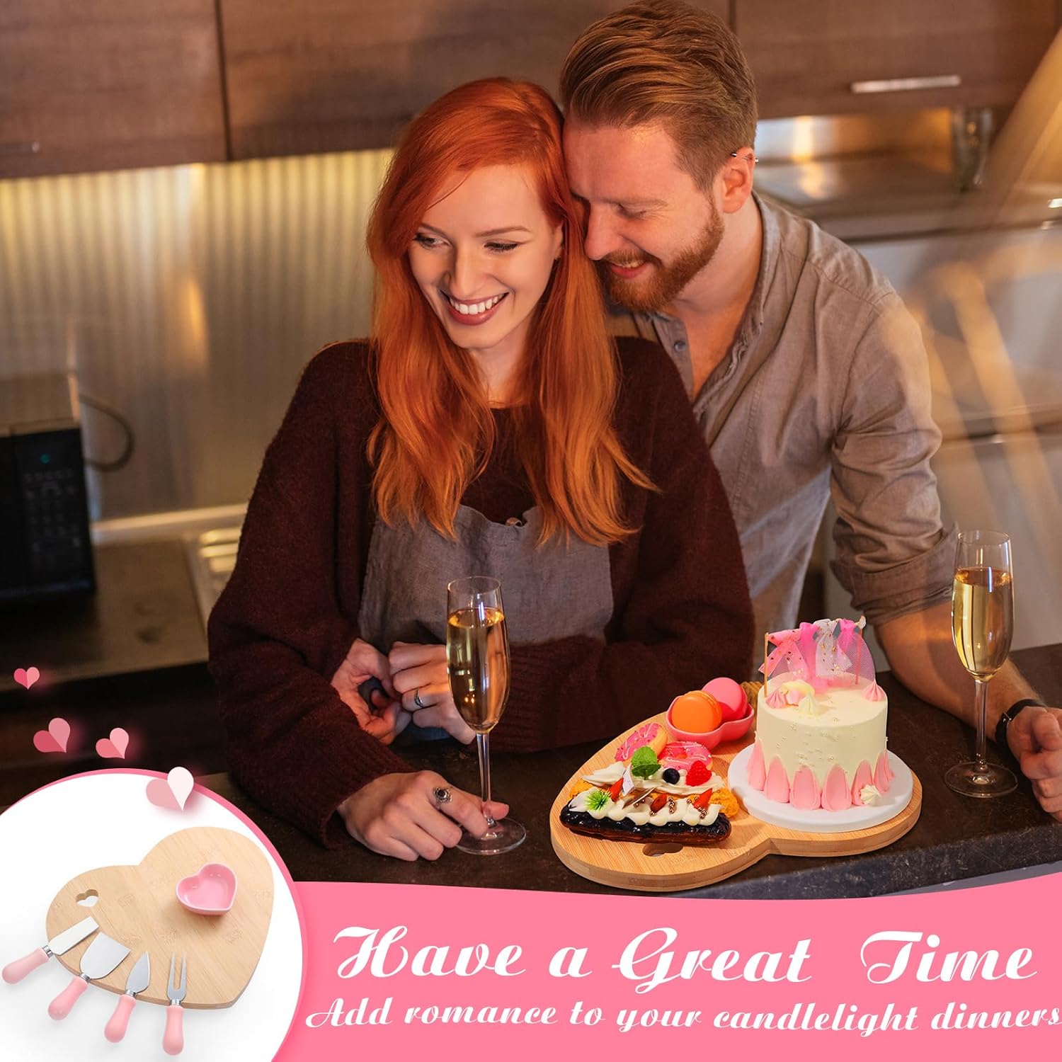 Maxcheck 9 Pcs Valentine Heart Shaped Charcuterie Board and Serving Set Including Bamboo Cutting Board Heart Ceramic Bowls Dishes 4 Pcs Cheese Knives and Spoon Fork for Wedding Party(Pink) - Image 2