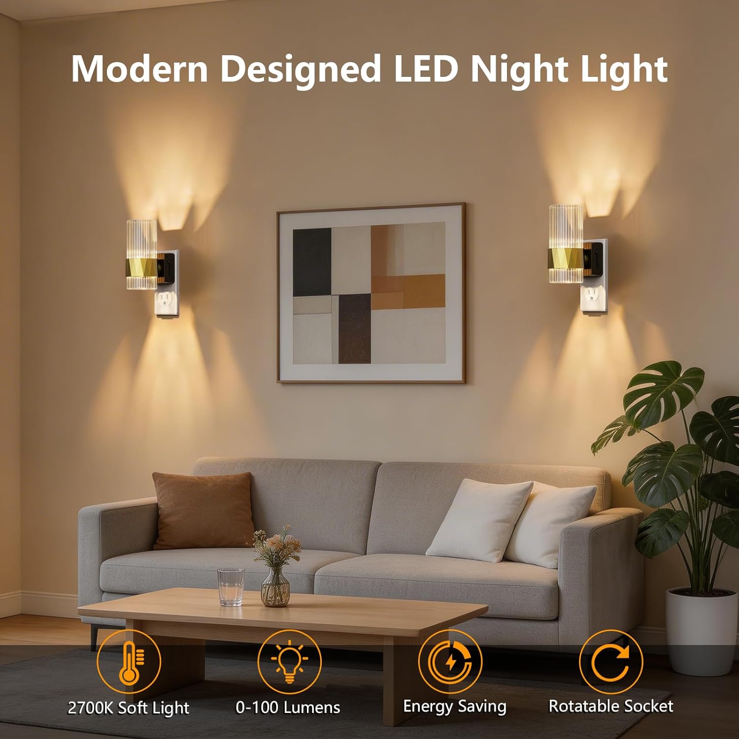 LED Night Lights Plug into Wall, 180° Rotating with Dusk to Dawn Sensor, 100LM Dimmable 2700K, Acrylic Gold Decor for Living Room, Hallway, Bedroom, Bathroom, 2 Pack