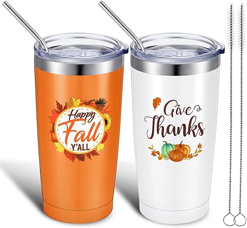 Paquete de 2 vasos con diseño de "Give Thank Happy Fall", divertido regalo de otoño con hojas de cosecha para fiesta de otoño, Acción de Gracias,