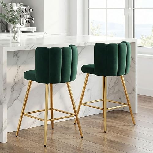 Miniatura 6 de Velvet - Taburetes de bar de 26 pulgadas de altura de mostrador, juego de 2 taburetes de cocina modernos, sillas tapizadas con patas de metal dorado