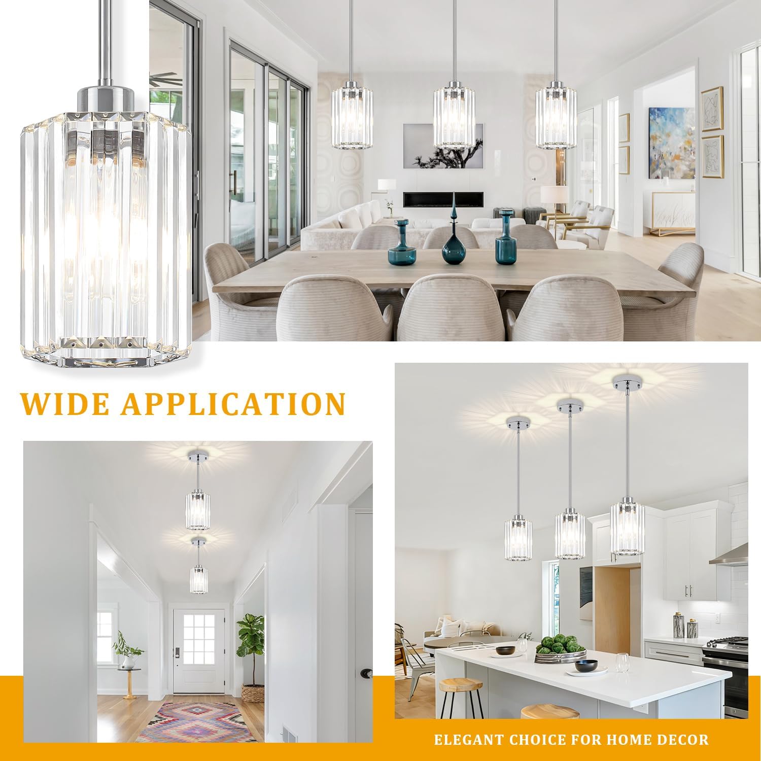 2-Pack Chrome Pendant Lights Kitchen Island Modern Crystal Hanging Pendant Light Hexagonal Mini Chandelier Adjustable Hanging Kitchen Lights for Dining Room Hallway Bedroom Entryway Light Fixture