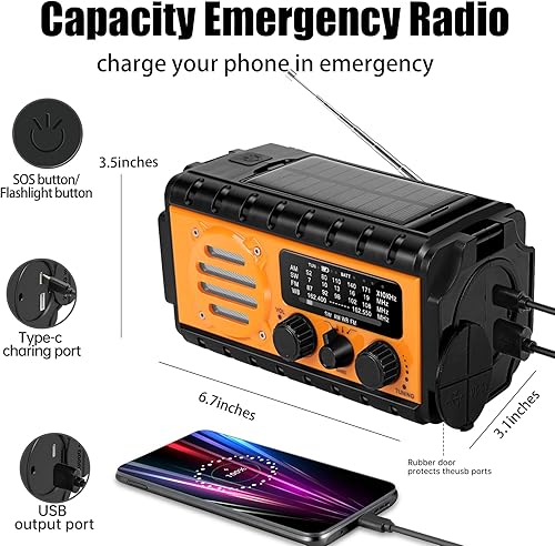 Miniatura 5 de Radio de emergencia de 74000 mWh con clima NOAA, radio de supervivencia portátil con manivela SW/AM/FM con batería solar recargable de carga rápida