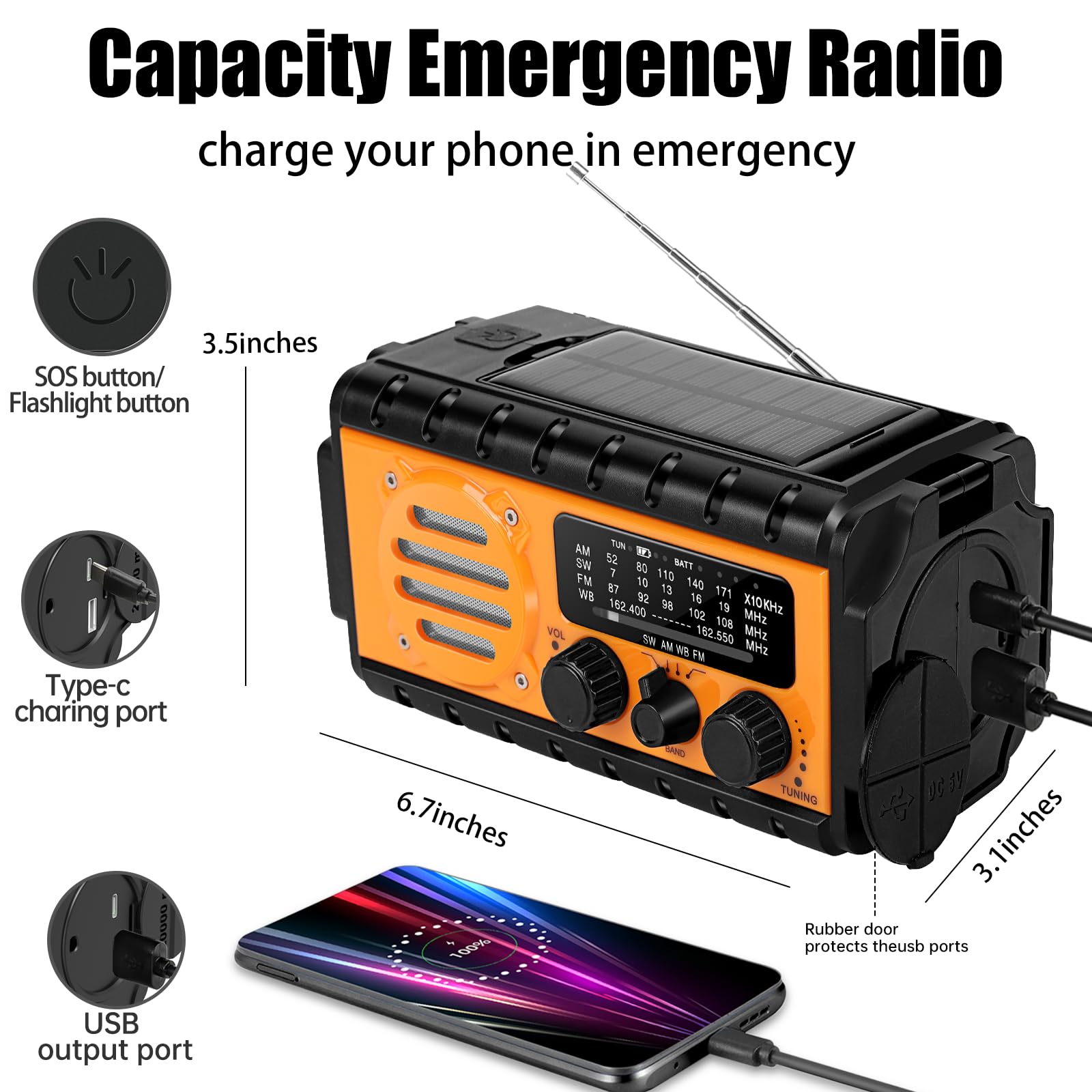 QAUYYW Radio solaire d'urgence à manivelle 20 000 mAh AM FM NOAA
