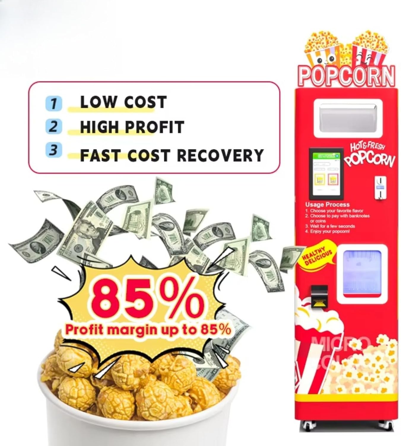 Automatic Popcorn Machine Vending, Commercial Popcorn Dispenser with Touch Screen, Cashless Payment, Fresh Hot Popcorn Maker for Self Service Business