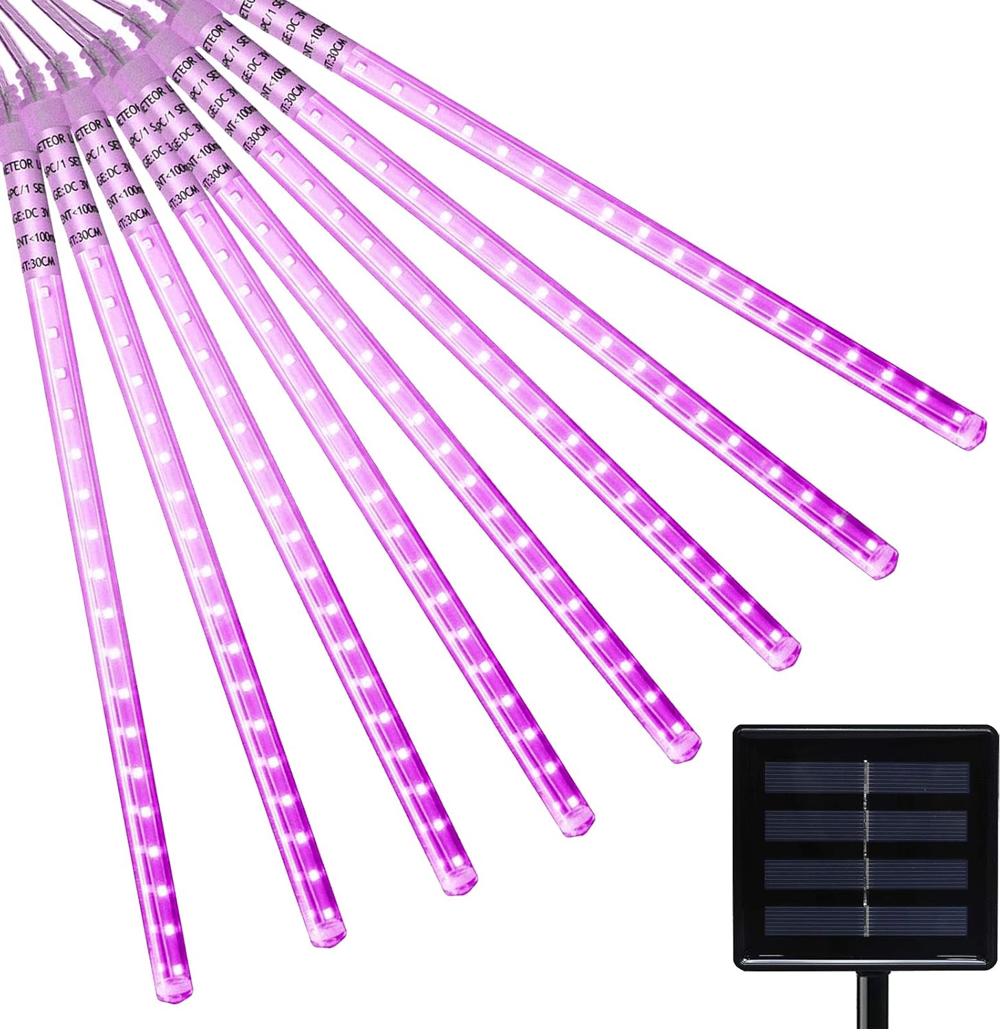 VMANOO LED Outdoor Lights 8 Tube Meteor Shower Rain Lights Solar Powered Icicle Raindrop Snow Falling Lights Cascading Lighting for Garden Outdoor Patio Holiday Party Halloween Decoration Purple