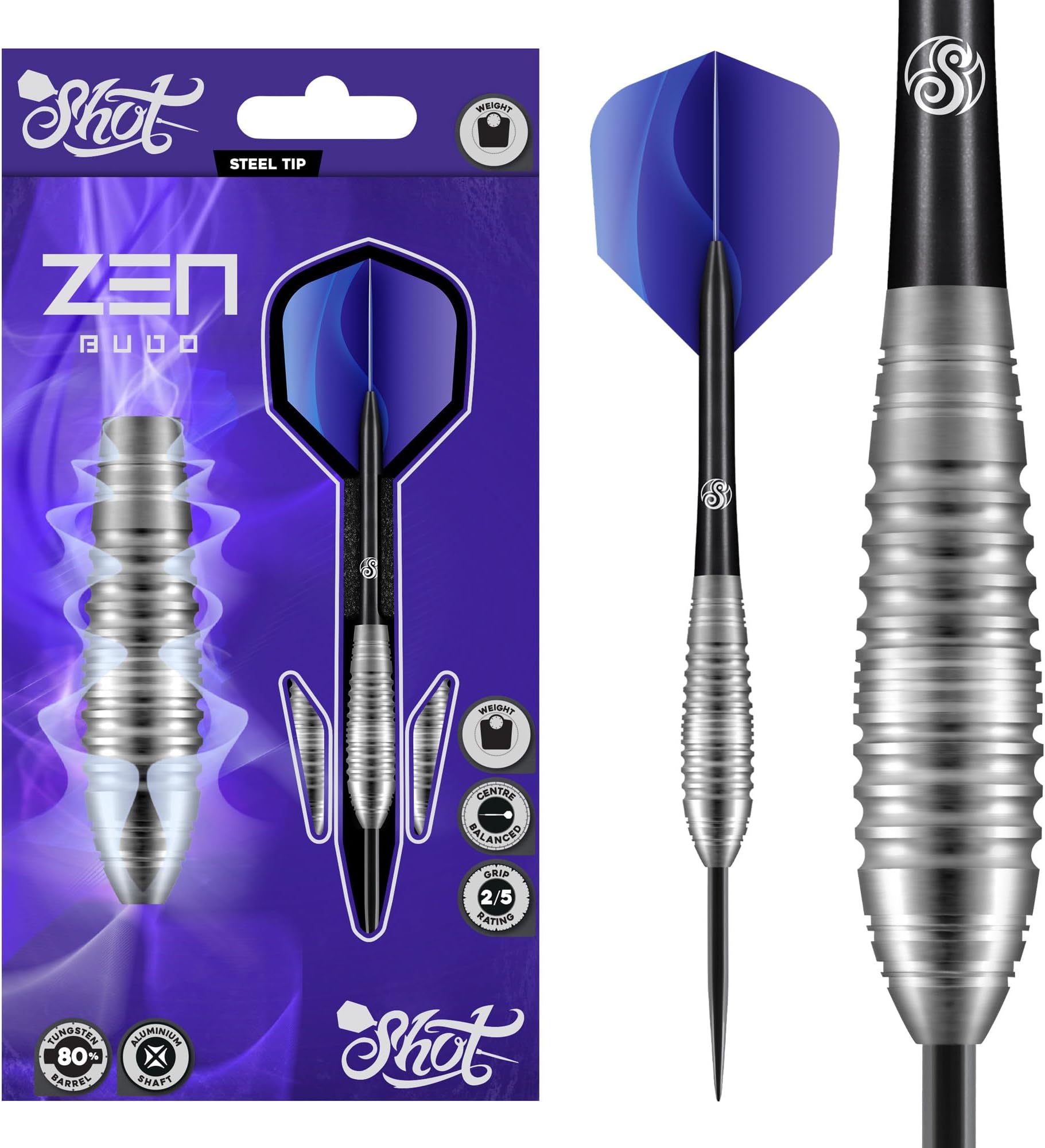 Shot Darts Metal Tip Zen Budo (23g/ 24g/ 26g) 80% Tungsten Center Balanced Bomber shape perfect for beginner Handcrafted Professional Darts & Flights Made in New Zealand Metal Tip Darts for Dart Board