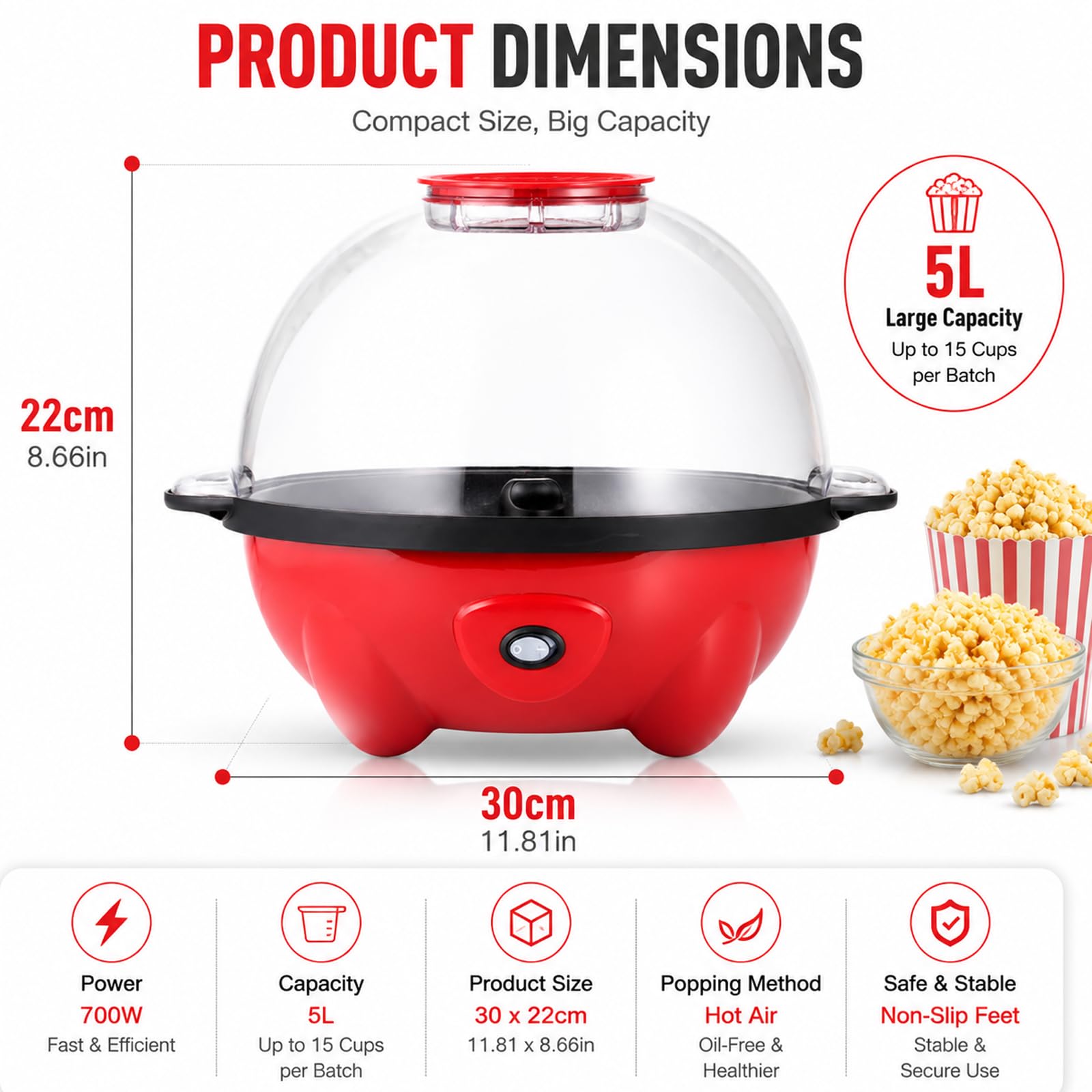 700W elektryczny popcorn maker, pojemność 5L | Włącznik/wyłącznik, łatwa w czyszczeniu powierzchnia, automatyczne mieszanie maszyny do popcornu do kina