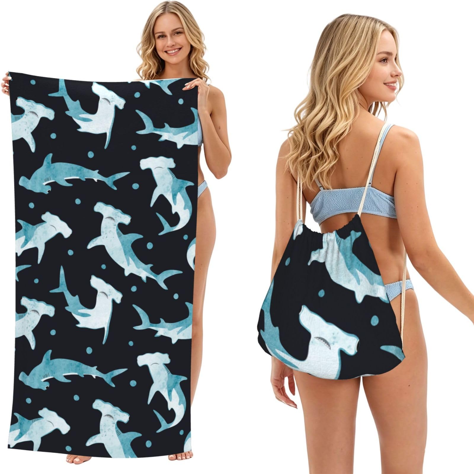 Poadnly As Picture Watercolor Hammerhead Shark, 2 In 1 Packable Towel Bag, Beach Towels With Drawstring Backpack For Travel Holiday Camping
