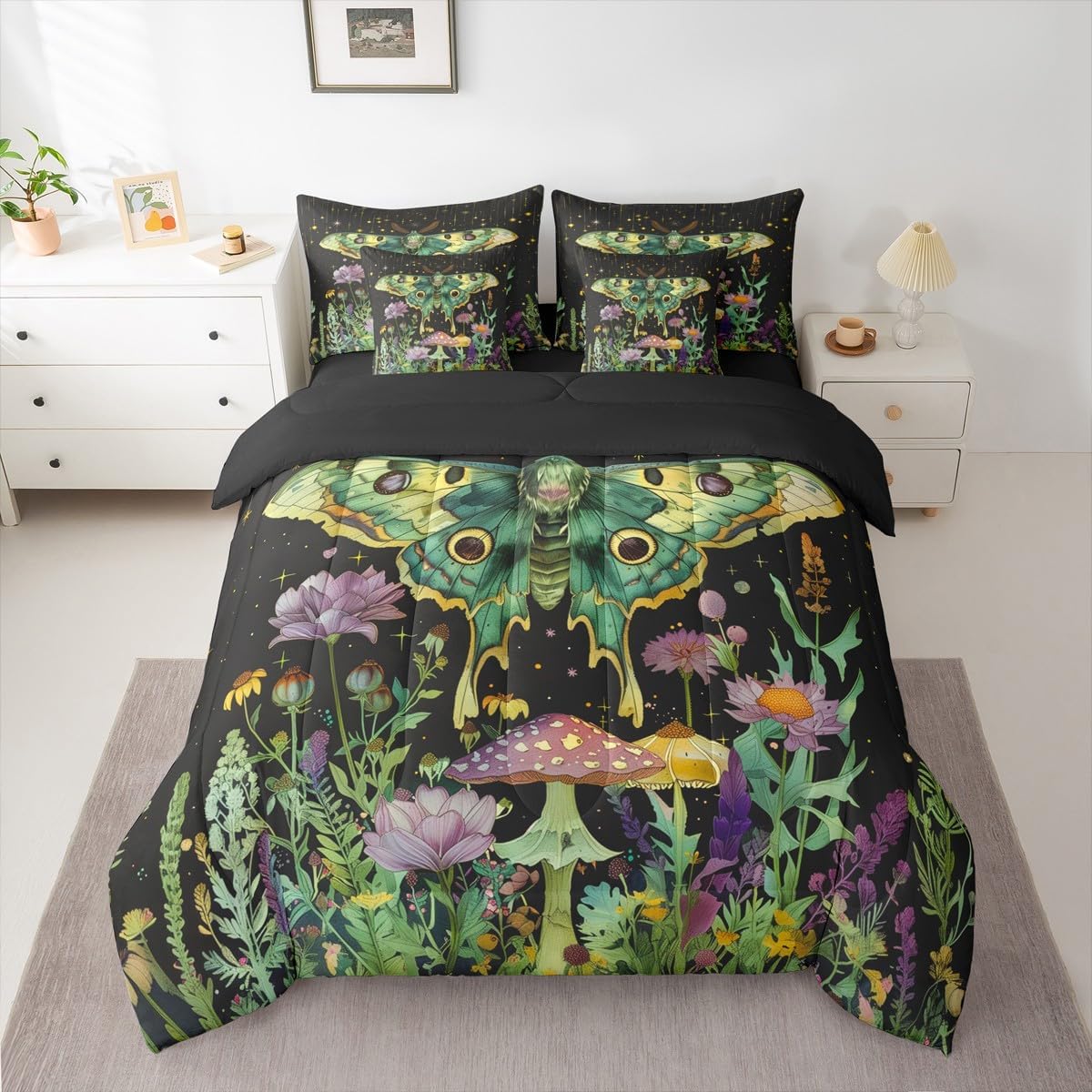 Erosebridal Daisy Stars Lavender 7 Piece Bedding Set Queen Moth Lotus Mushroom Comforter Set with Sheets Bohemian Starry Sky Bed in a Bag Green Theme Gothic