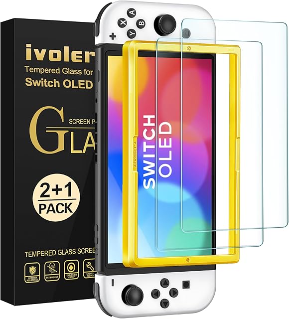 ivoler[2 Pack Anti-Blue Light Screen Protector for Nintendo Switch OLED,[Tempered Glass] Film for Nintendo Switch-[9H Hardness][Anti-Scratch][No-Bubble Installation]