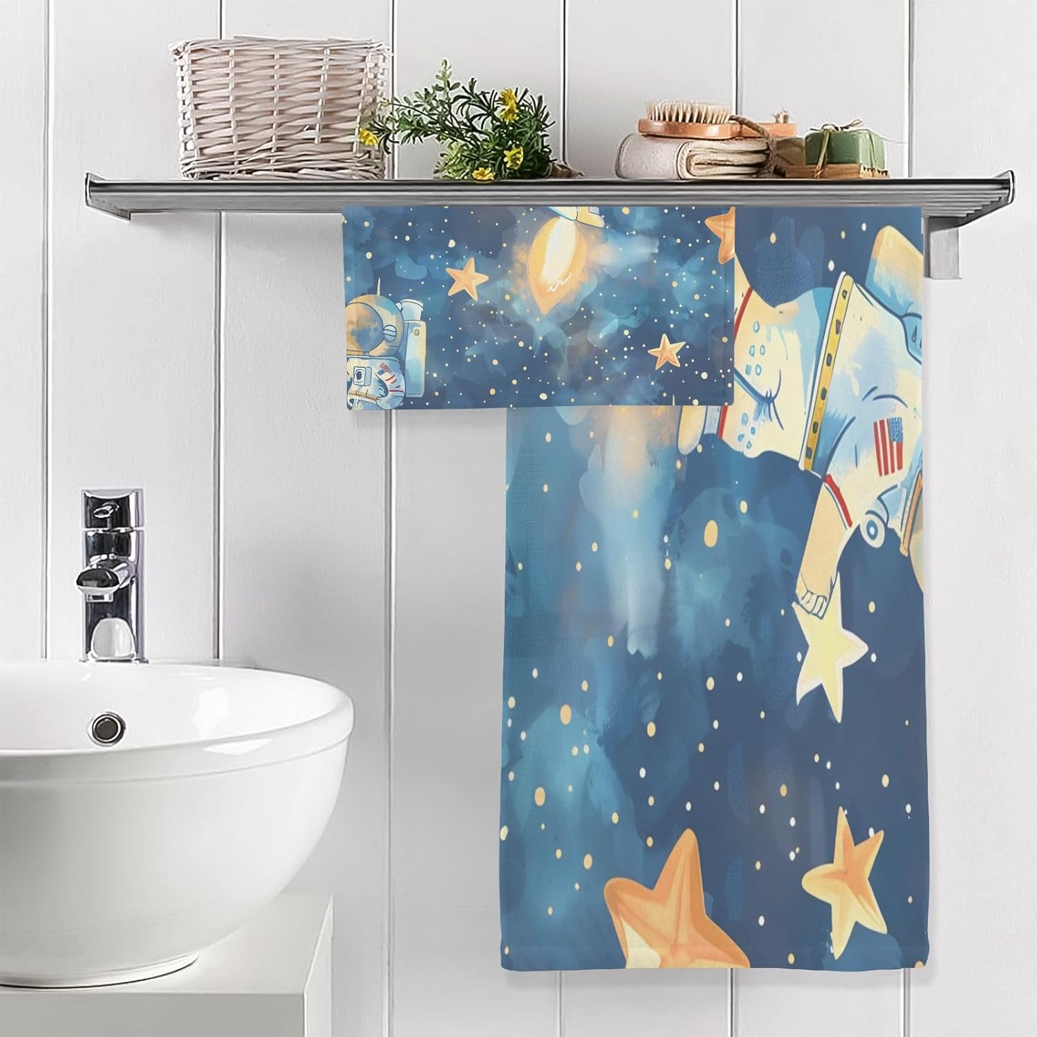 Hand Towels Premium Soft and Highly Absorbent Stars and Rockets 2 Pcs Towels for Bathroom Set 100% Cotton Decorative Face Towels