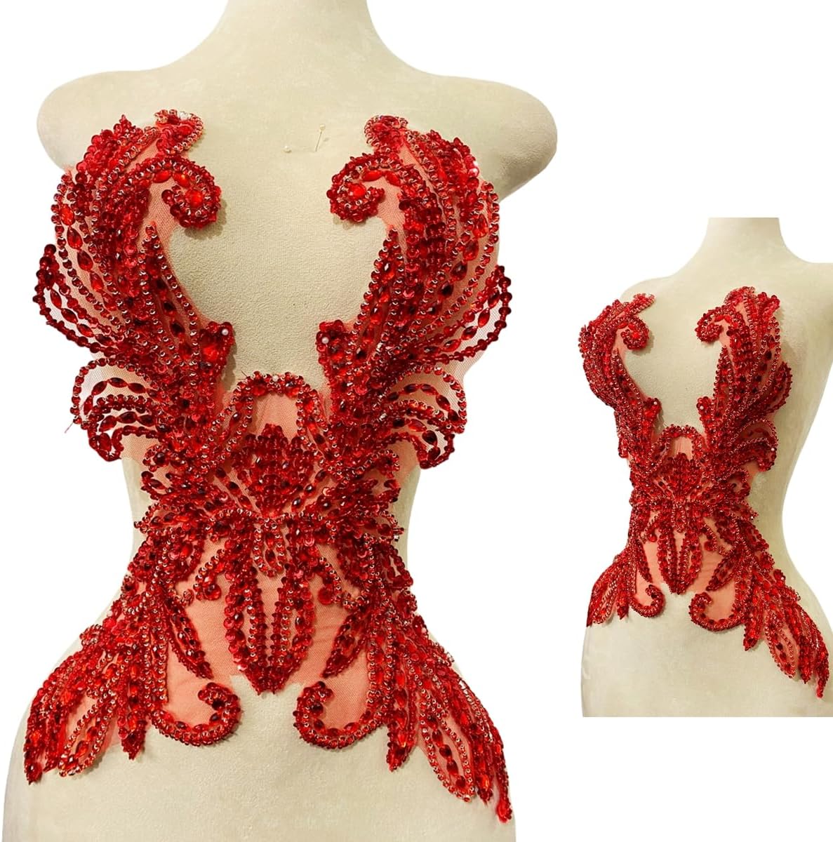 Pure Handmade Rhinestones lace Applique Accessories handsewing Beads Stones Trim Patches for Girl Wedding Dress (Red)