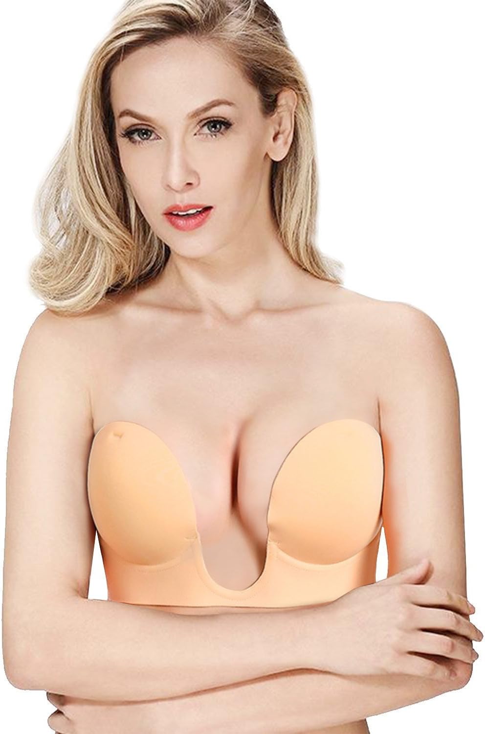 Invisible Strapless Bra for Women Deep U-Shaped Backless Adhesive Silicone Push Up Bras Beige