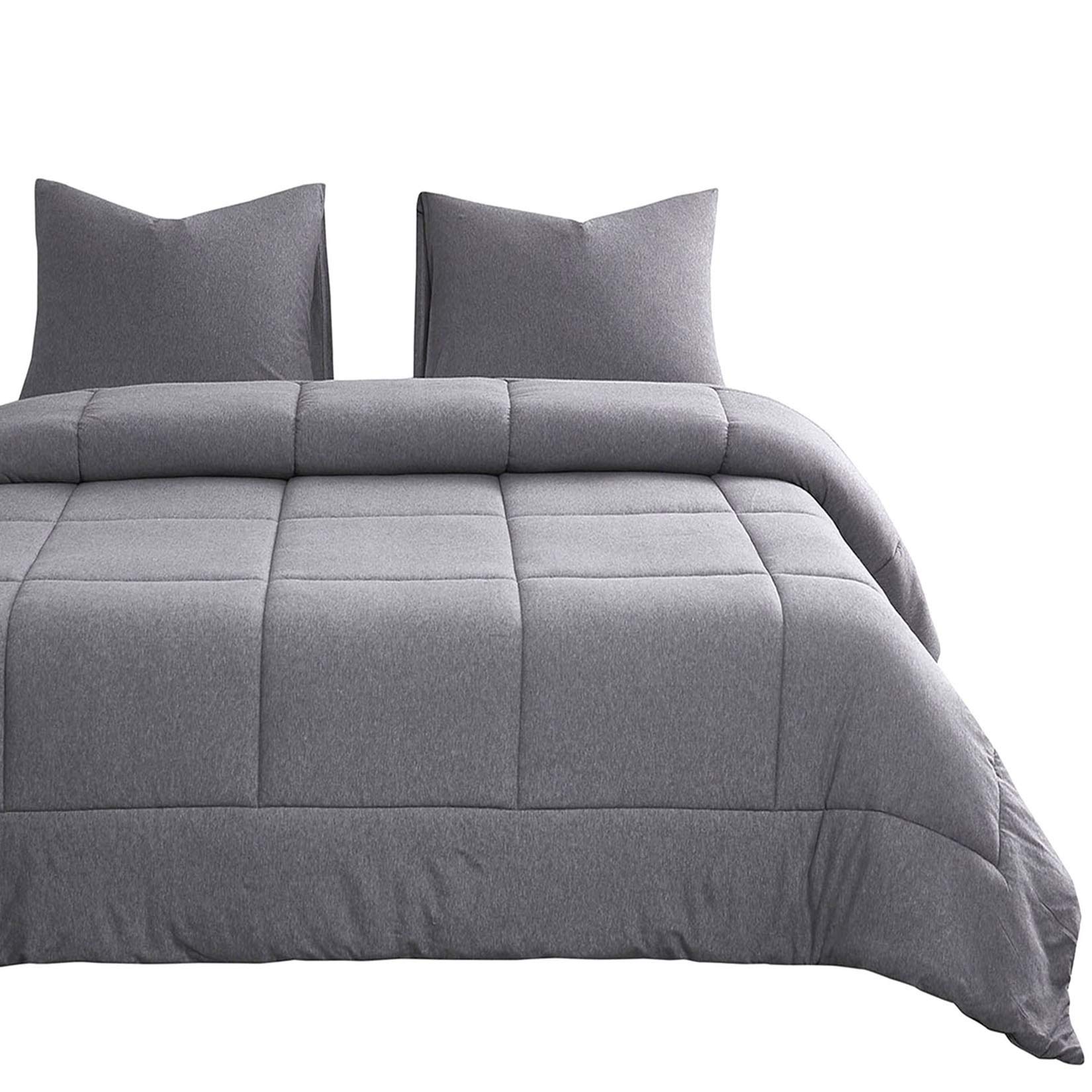 Wake In Cloud - Jersey Cotton Comforter Set, Gray Grey Plain Solid Color, 100% Cotton Top Dyed Fabric with Soft Microfiber Inner Fill, Boxed Stitching Bedding (3pcs, King Size)