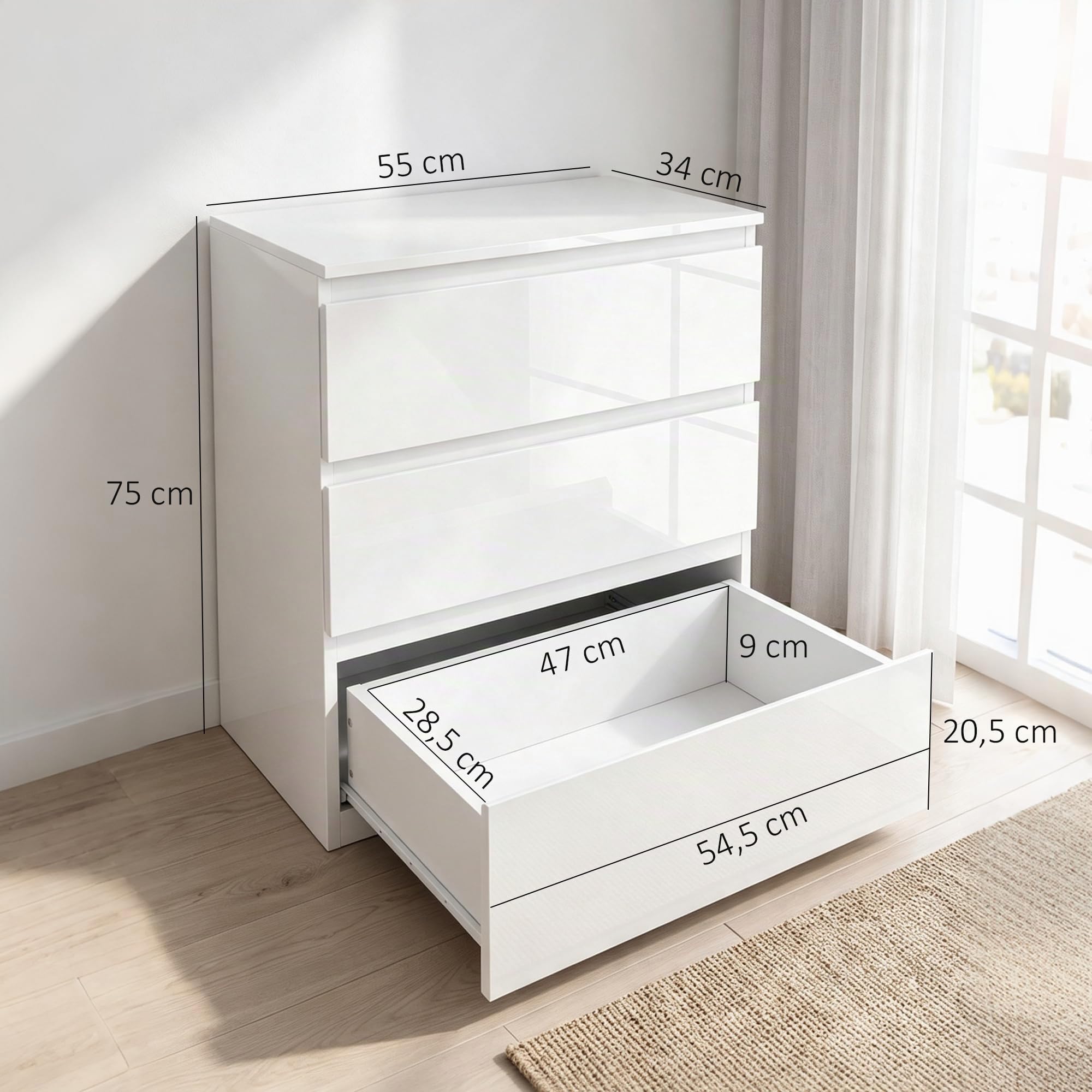 HOMCOM Commode 4 tiroirs 55x34x75cm Blanc Brillant