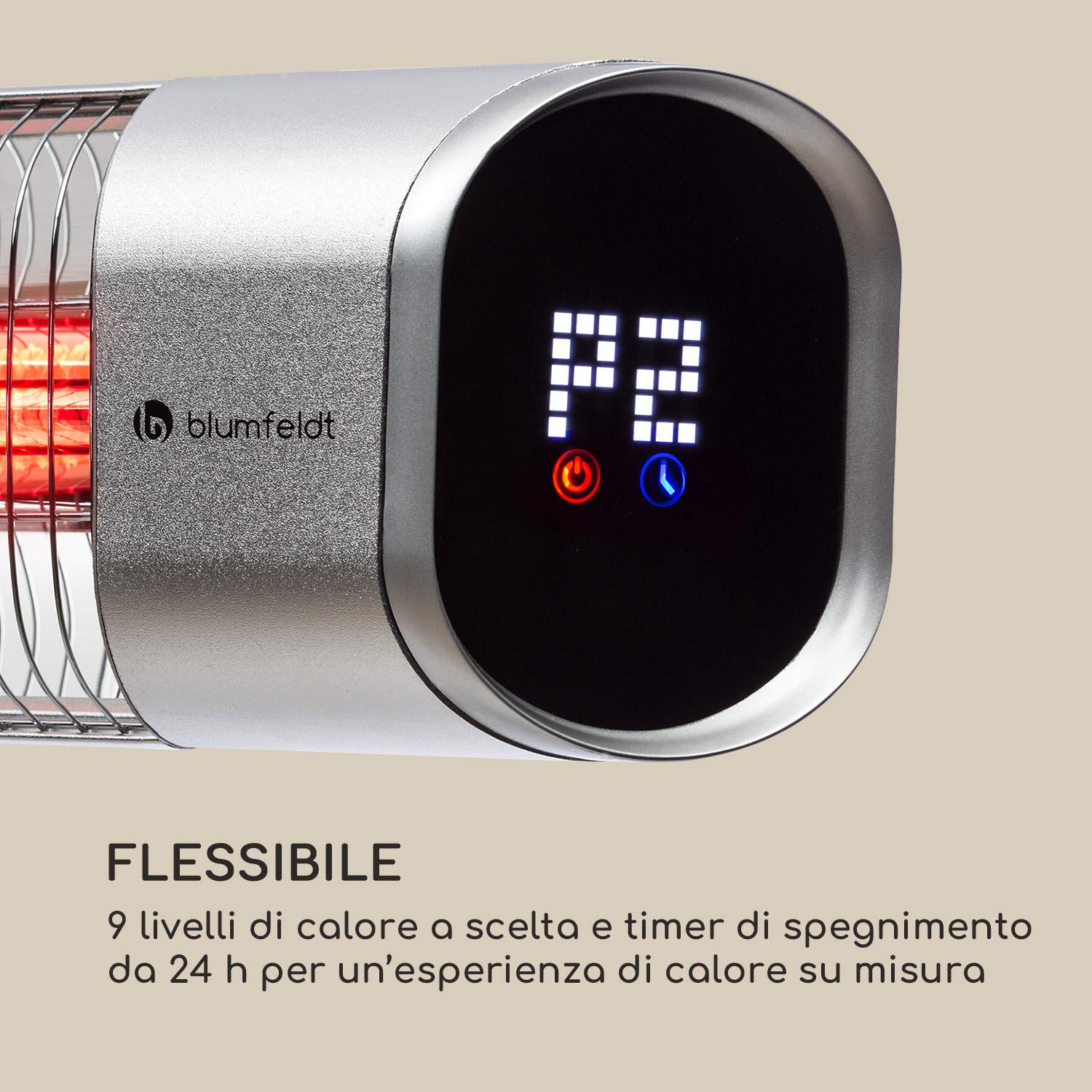 Blumfeldt Dark Wave Riscaldatore a infrarossi, Stufa da terrazzo, MinimalGlare Heating Tube: tubo carbonio dorato, 24 livelli calore, timer, IP65, display LED, riscaldatore da soffitto 2000 W, argento