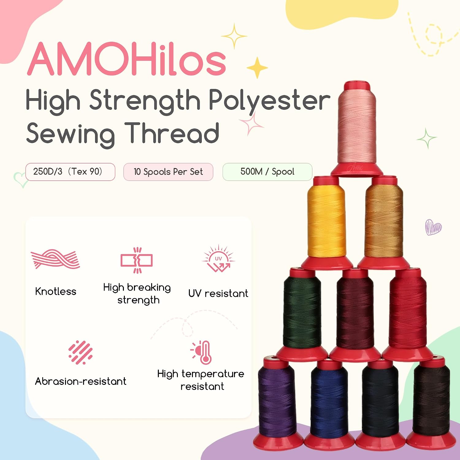 UV Resistant High Strength Polyester Sewing Thread 250D/3 Tex 90 10 Cones Per Set 500M Each Spool for Outdoor Gear, Furniture Upholstery, Leather Goods, Canvas, Denim, Footwear, Etc. (Set 3)