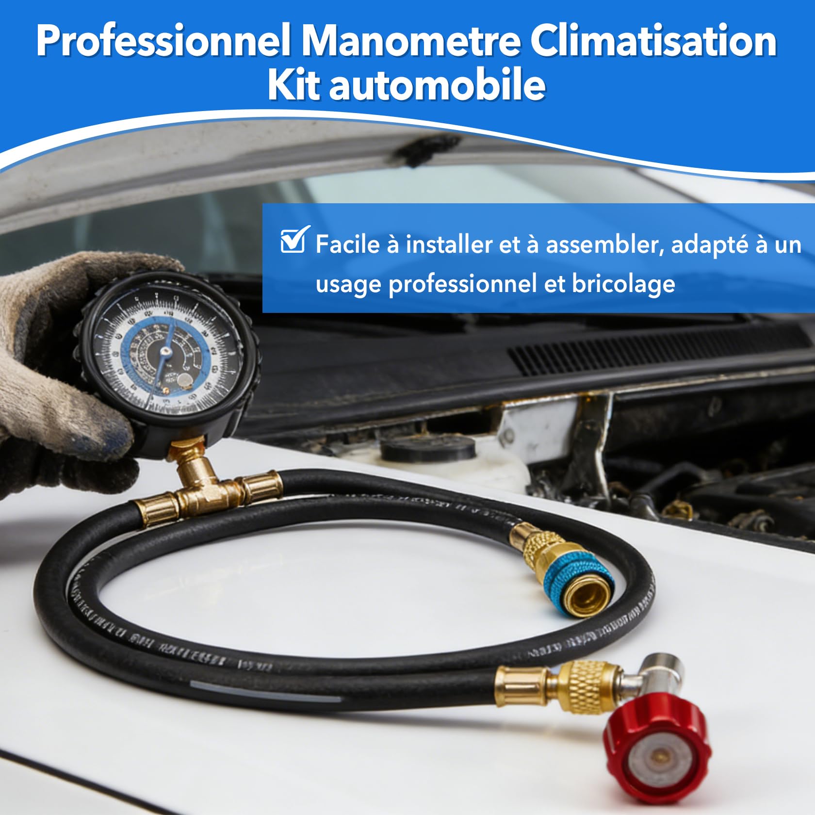 Pindex Kit de Recharge Clim Auto R1234YF, Kit R134A de Recharge pour Climatisation de Voiture, avec Raccord Climatisation