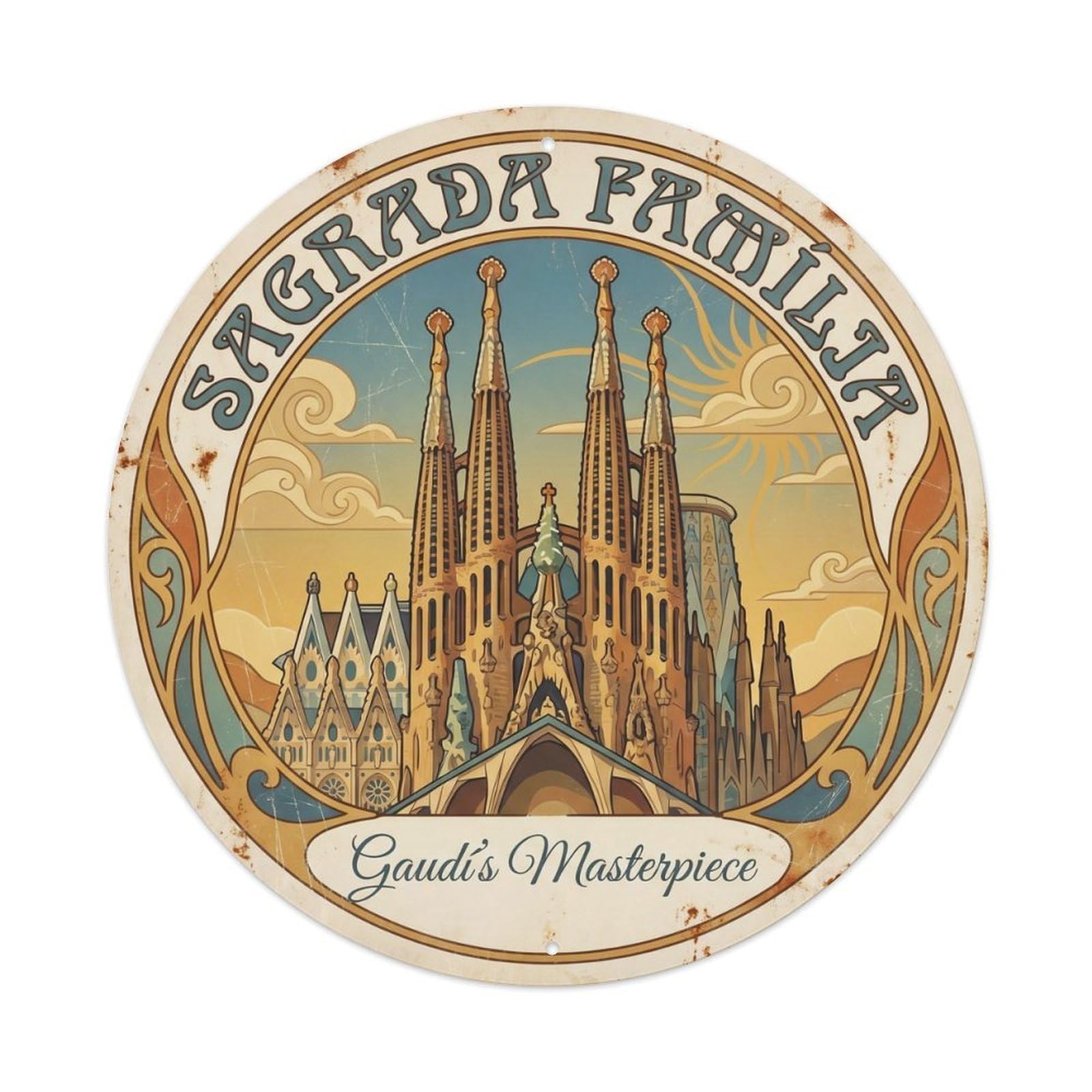 Vintage Travel Sagrada Familia Spires Metal Tin Sign Plaque Wall Decor for Cafe, Club, Garden Round Metal Poster 8x8Inch