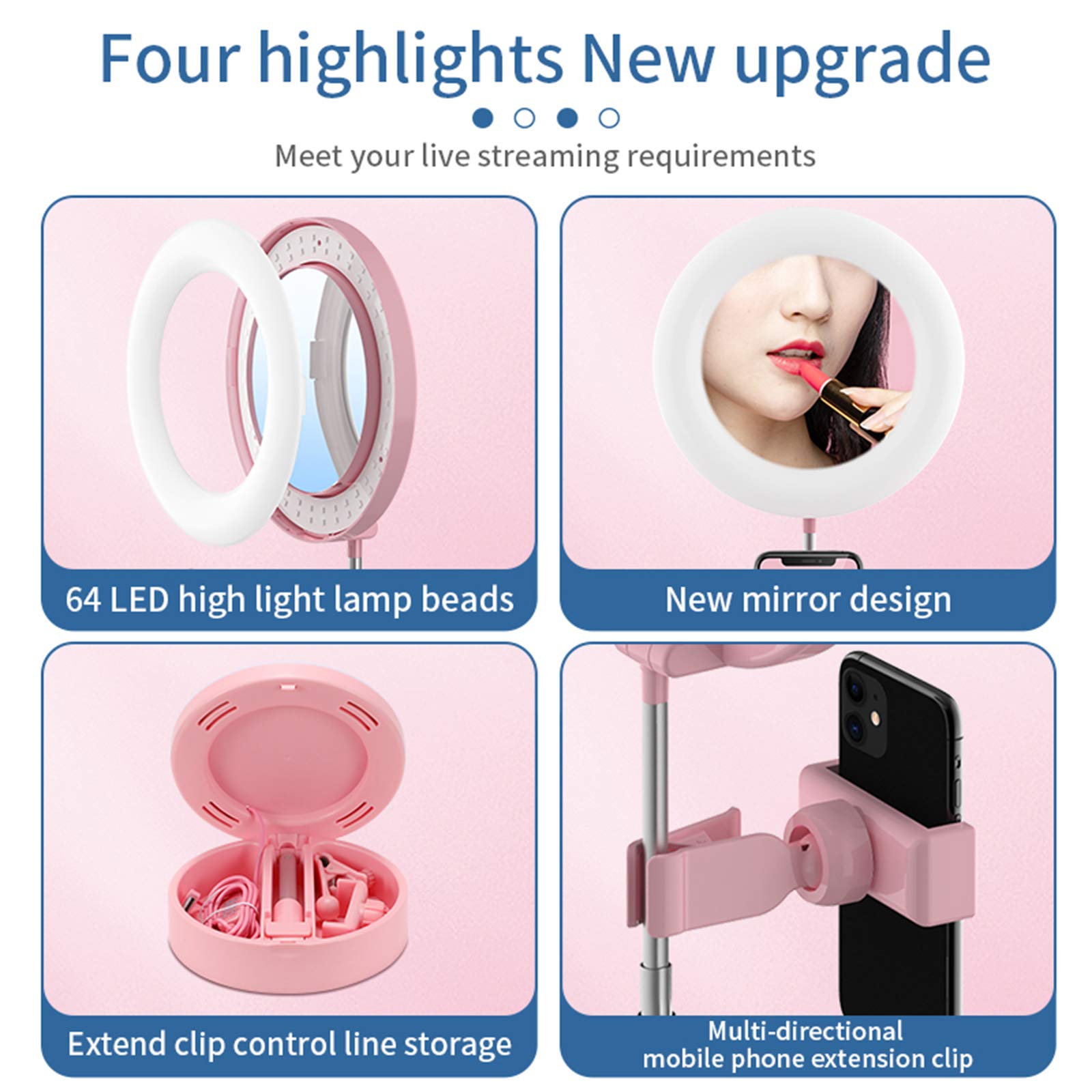 Luce ad Anello LED Pieghevole con Specchio per il Trucco e Porta Telefono, Dimmerabile 3 Modalità Colore Ring Light da Scrivania per Youtube, Tik Tok,Trucco, Fotografia,Bianca
