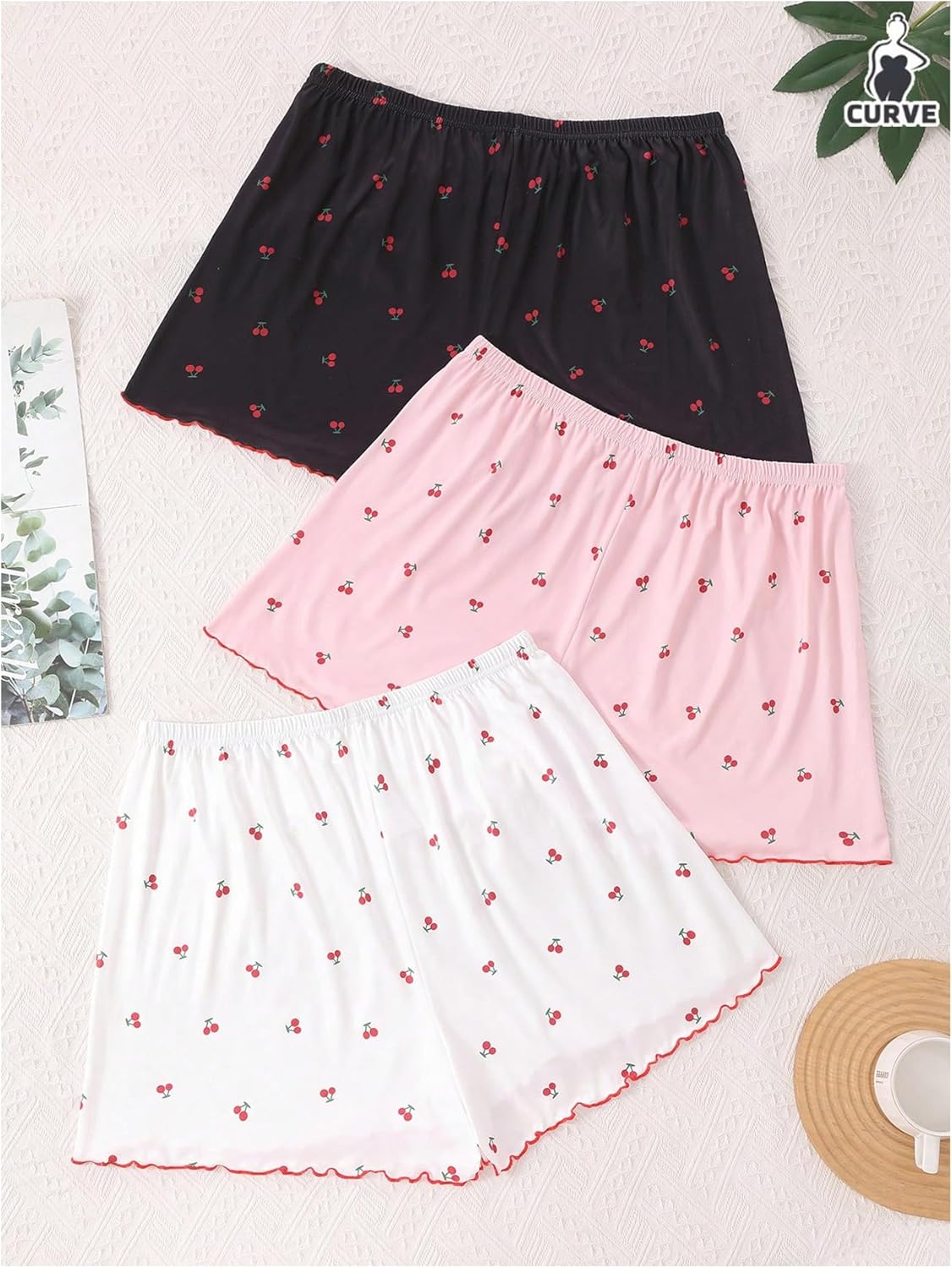 Women's 3 Piece Plus Size Cherry Print Pajama Shorts Bowknot Elastic Waist Sleep Shorts Loungewear - Image 4