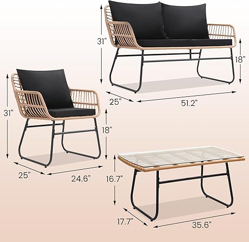 Miniatura 6 de Kromax Juego de muebles de patio bistró de 4 piezas, sofá de mimbre, 2 sillas de ratán y mesa, juego de conversación de patio trasero, cojines para