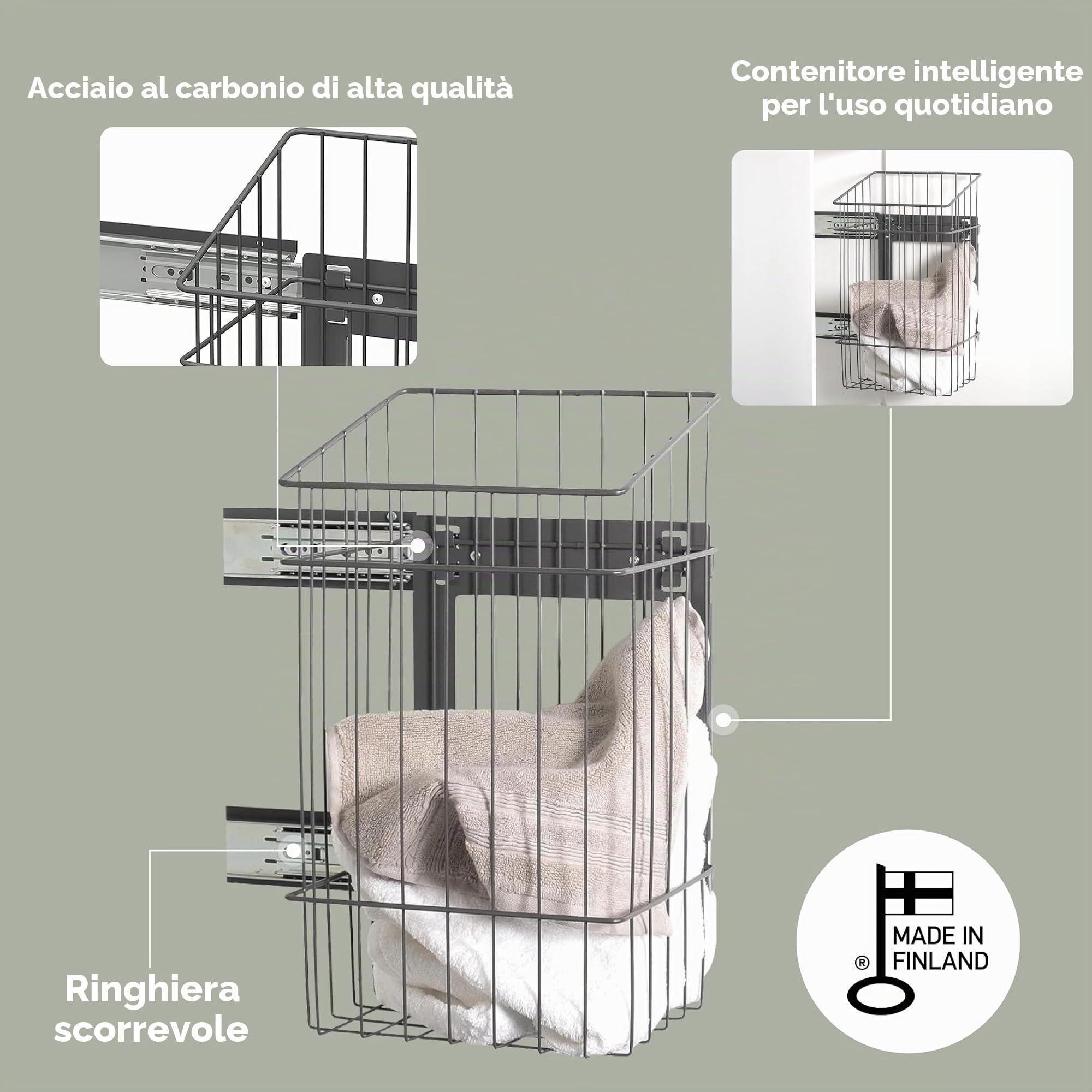LM 683 - Cesto portabiancheria per armadio, sottile e alto allungabile con binari, organizer per la biancheria da installare in un armadio, armadietto, armadio, grigio antracite