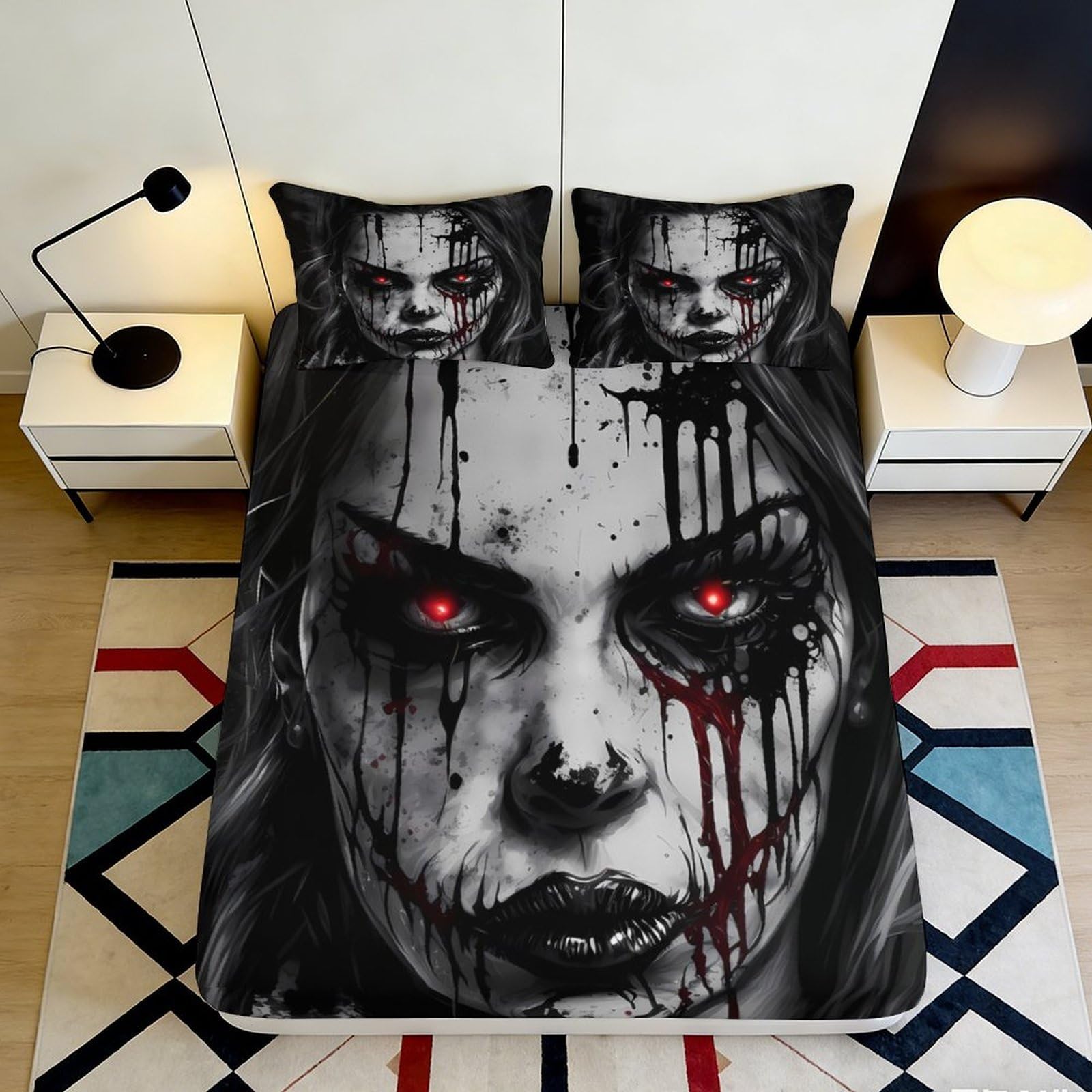 3D Printed Horror Clown Fitted Sheet Microfiber Black Gothic Skull Mattress Cover for Bedroom Dorm Room Decor 90x200x25cm