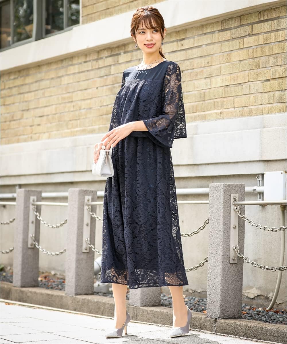 [ニッセン] パーティー ドレス ワンピース ロング丈 袖あり 七分袖 レース フレア 結婚式 セミフォーマル レディース 大きいサイズ