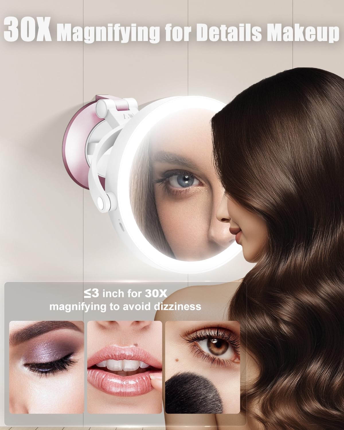 30x/1x wall mounted magnifying makeup mirror with power suction cup, rechargeable double sided regular hd/magnification 3 color modes adjustable brightness mirror with lights for bathroom, travel rose gold