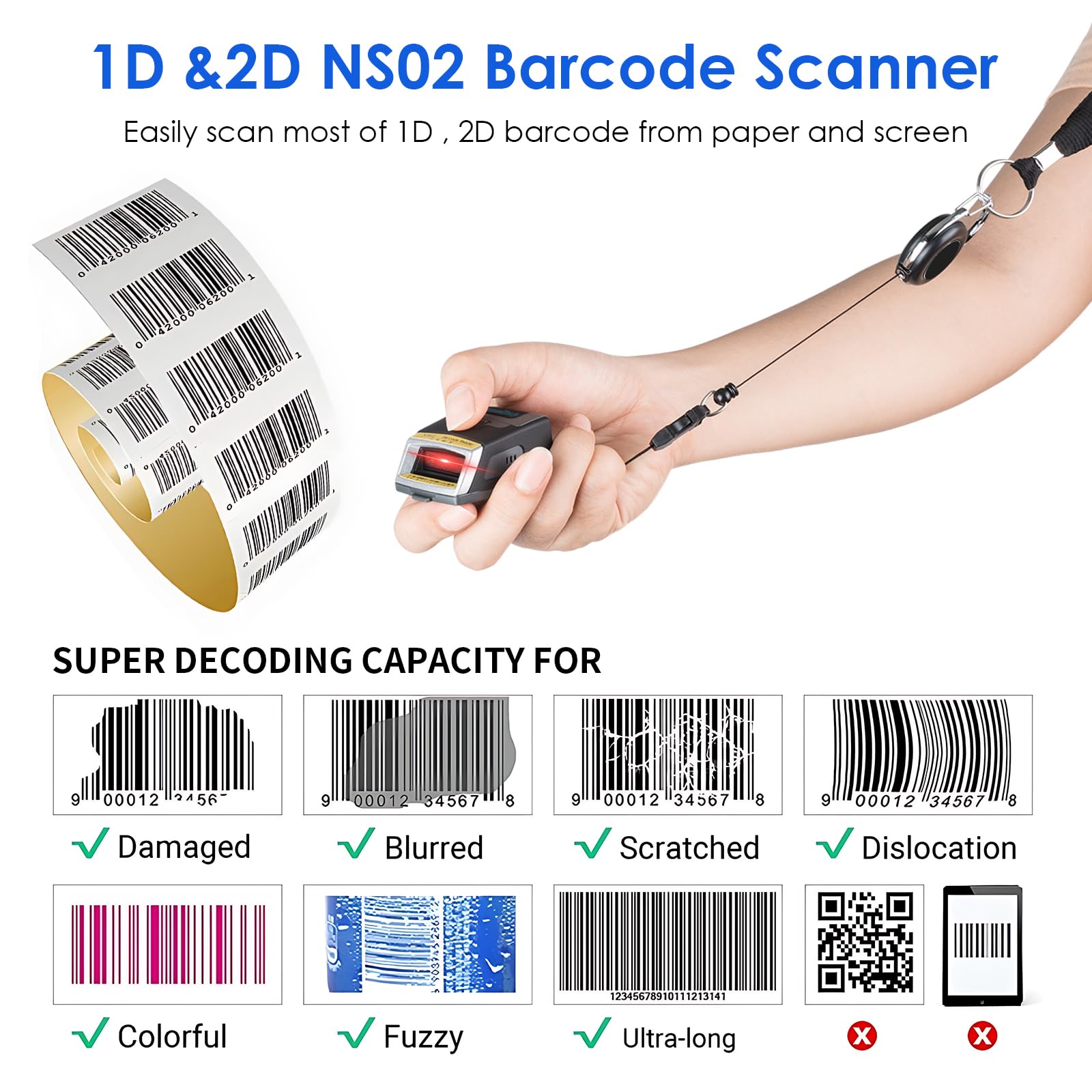 Wearable 2D-Barcode-Scanner NS02, kabelloser Bluetooth-QR-Code-Scanner, Schutzklasse IP65, geeignet für Logistiklager, Einkaufszentren, Bibliotheken, Einzelhandel und andere Szenarien.