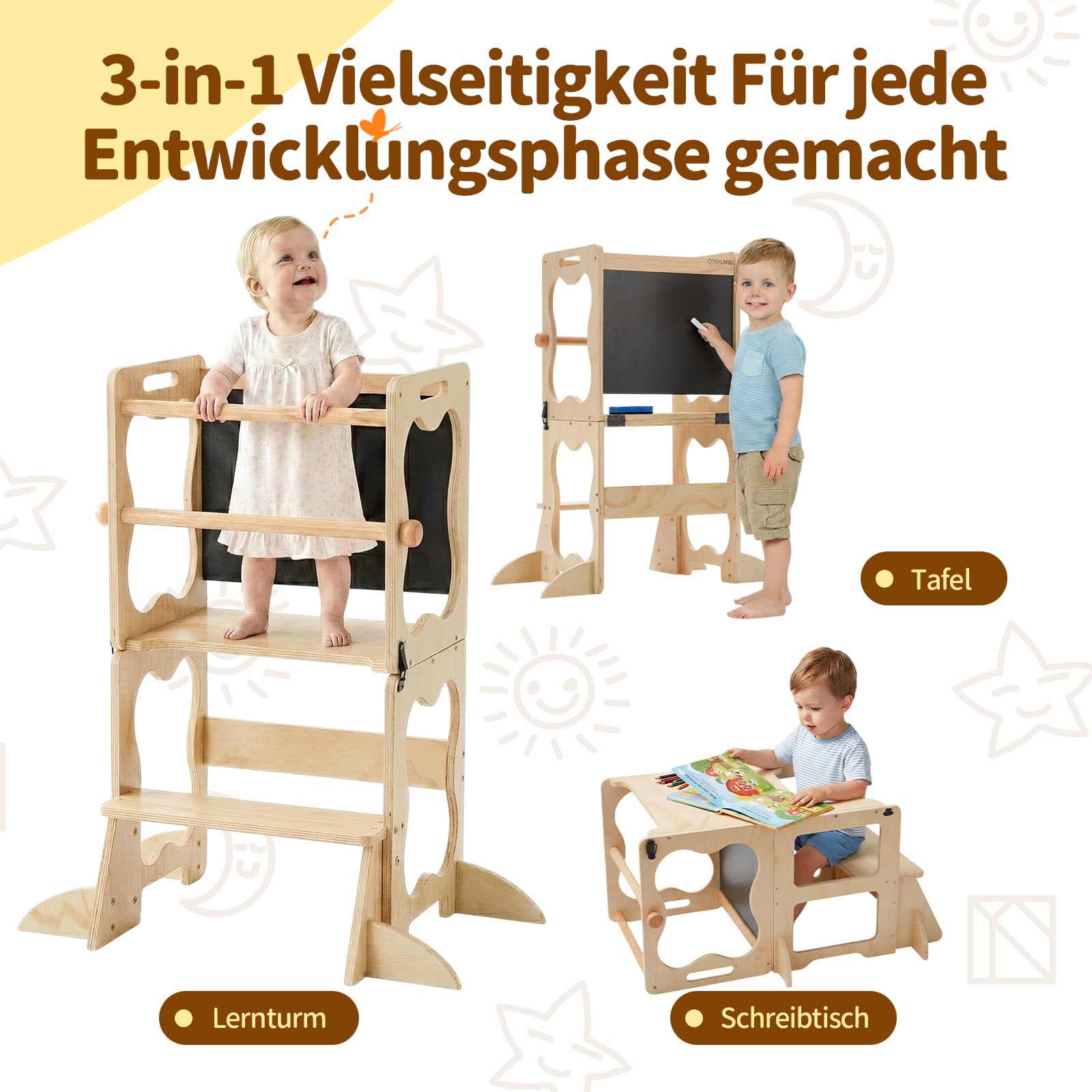 COSYLAND Lernturm Kinder 3in1 Küchenhelfer mit Tafel & Geländer Natur | wandelbar zu Tisch & Stuhl, ideal für Küche, Spielen und Lernen, stabil und sicher