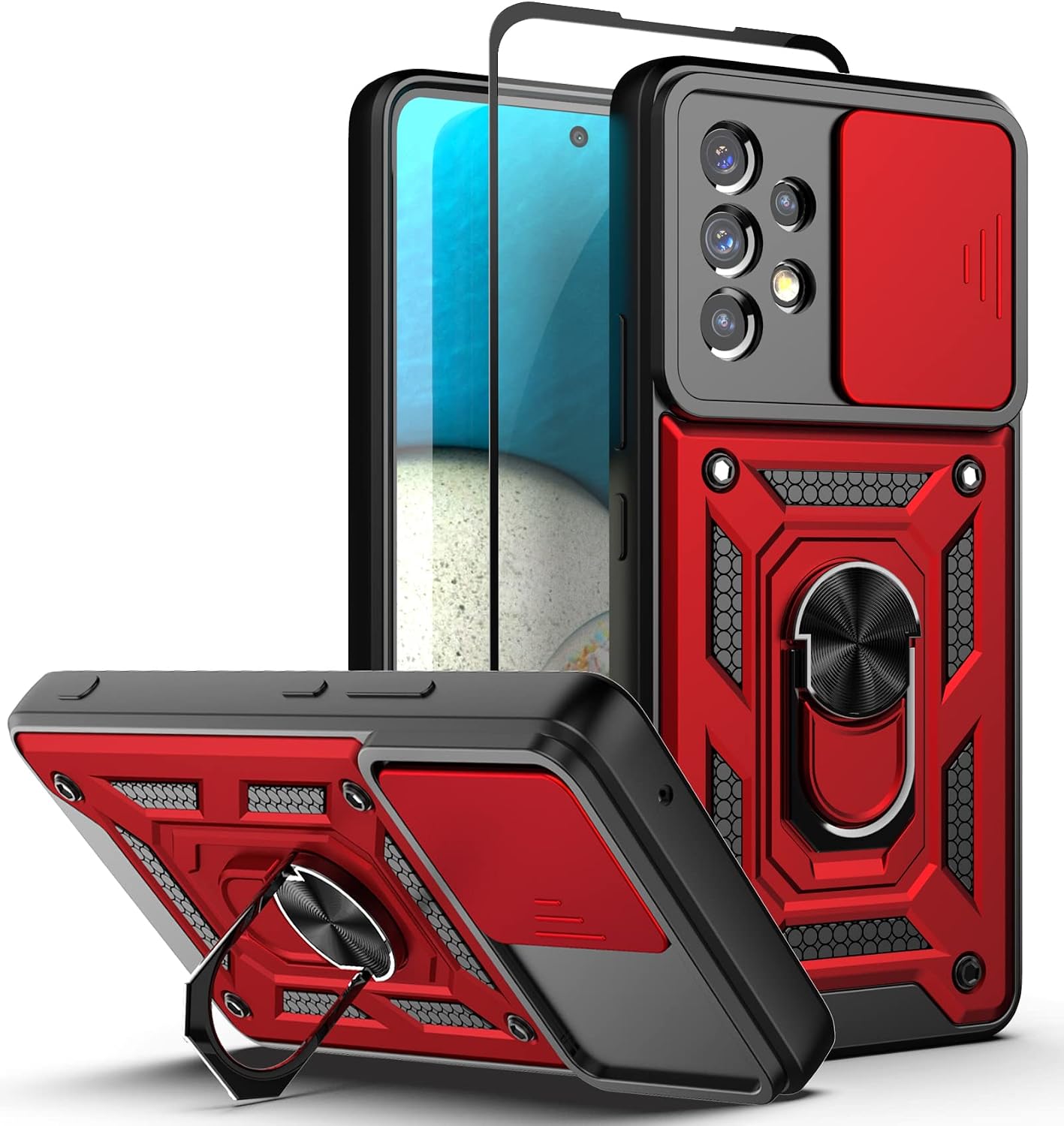 Dretal Galaxy A53 5G Case, Samsung Galaxy A53 5G with Kickstand Ring and Camera Cover with Tempered Glass Screen Protector, Military Grade Shockproof Protective Cover for A53 5G (TC-Red)