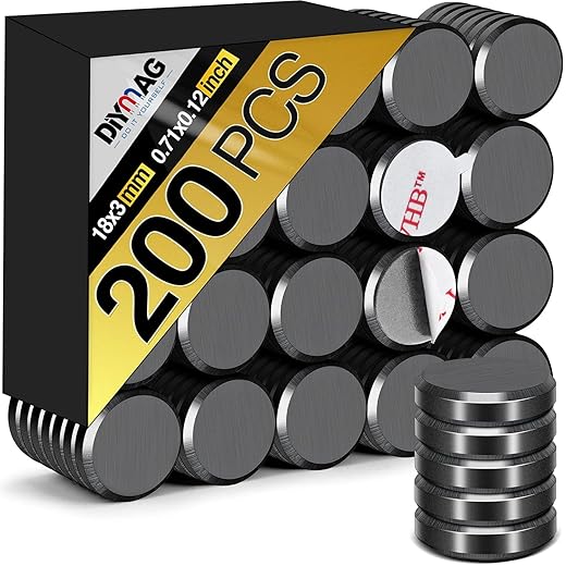 DIYMAG Ceramic Round Magnets for Crafts 200 Packs with Adhesive Backing. 0.7Inch (18mm) Small Magnets Perfect for Fridge, DIY, Building, Scientific, Craft, and Office.（0.7 * 0.12Inch-200p）