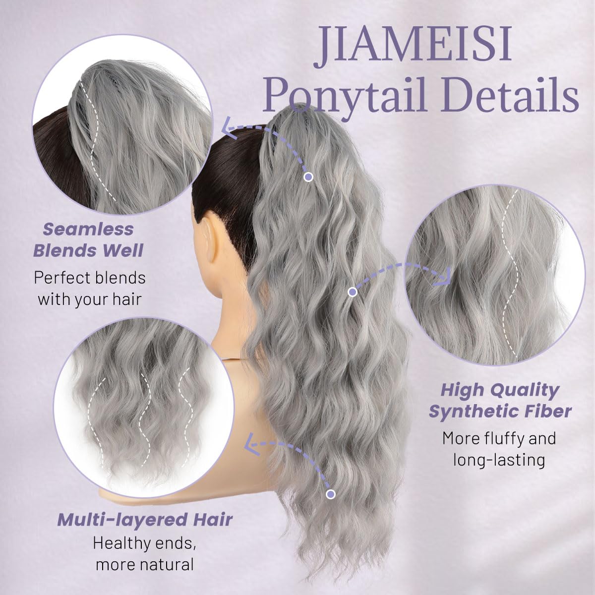 JIAMEISI Ponytail Extension 18 Inch Claw Clip in Ponytail Hair Extensions Long Curly Wavy Synthetic Fiber Claw Ponytail Hairpiece for Women Girls Daily Use Party Add Volume and Length (Silver Grey) - Image 3