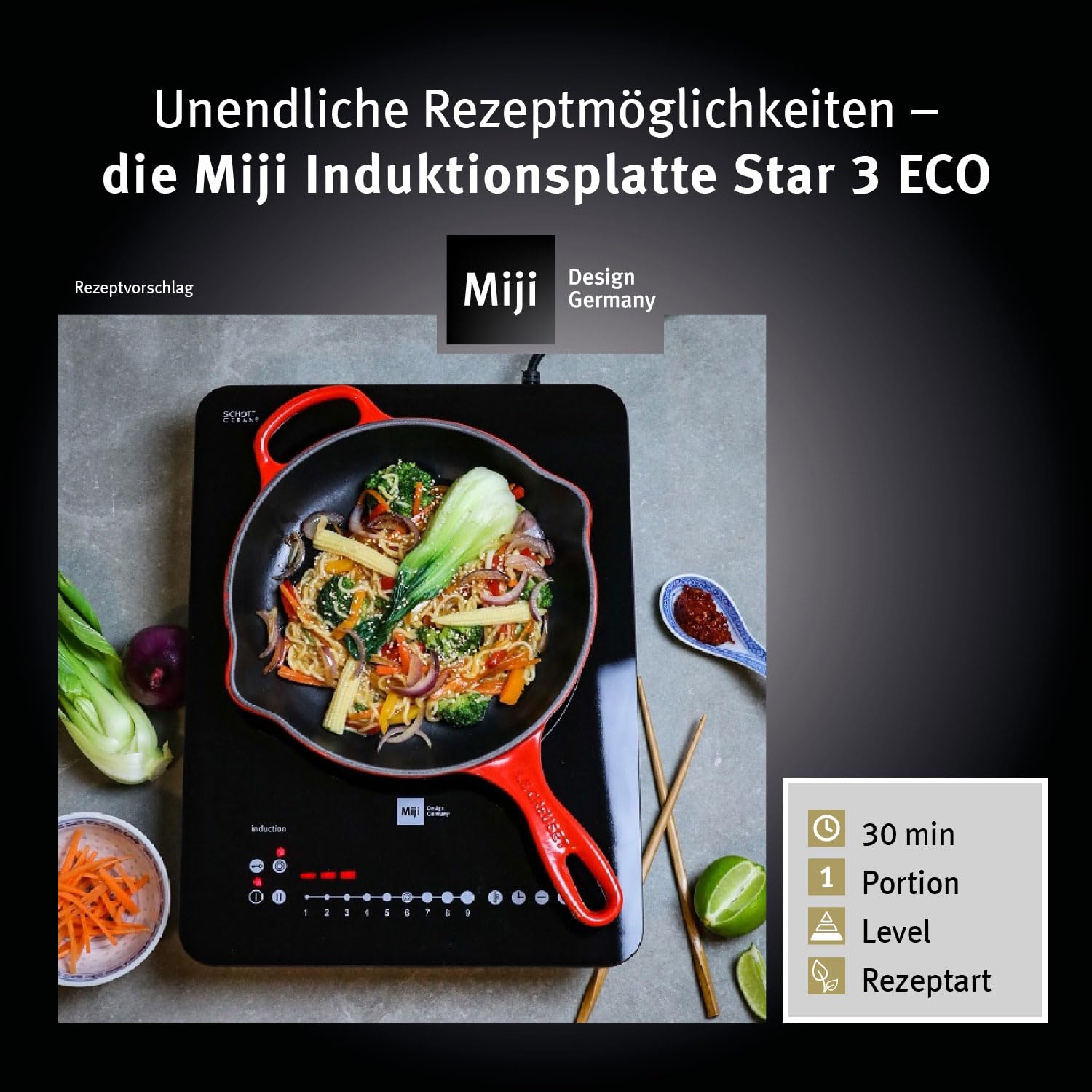 Miji - Star 3 ECO Trend, mobiles Induktionskochfeld, Induktionsplatte mit 1 Kochfeld, Induktionskochplatte mit Ceranfeld autark, 9 Stufen, 2300 Watt, kompakte Größe für Camping oder zu Haus