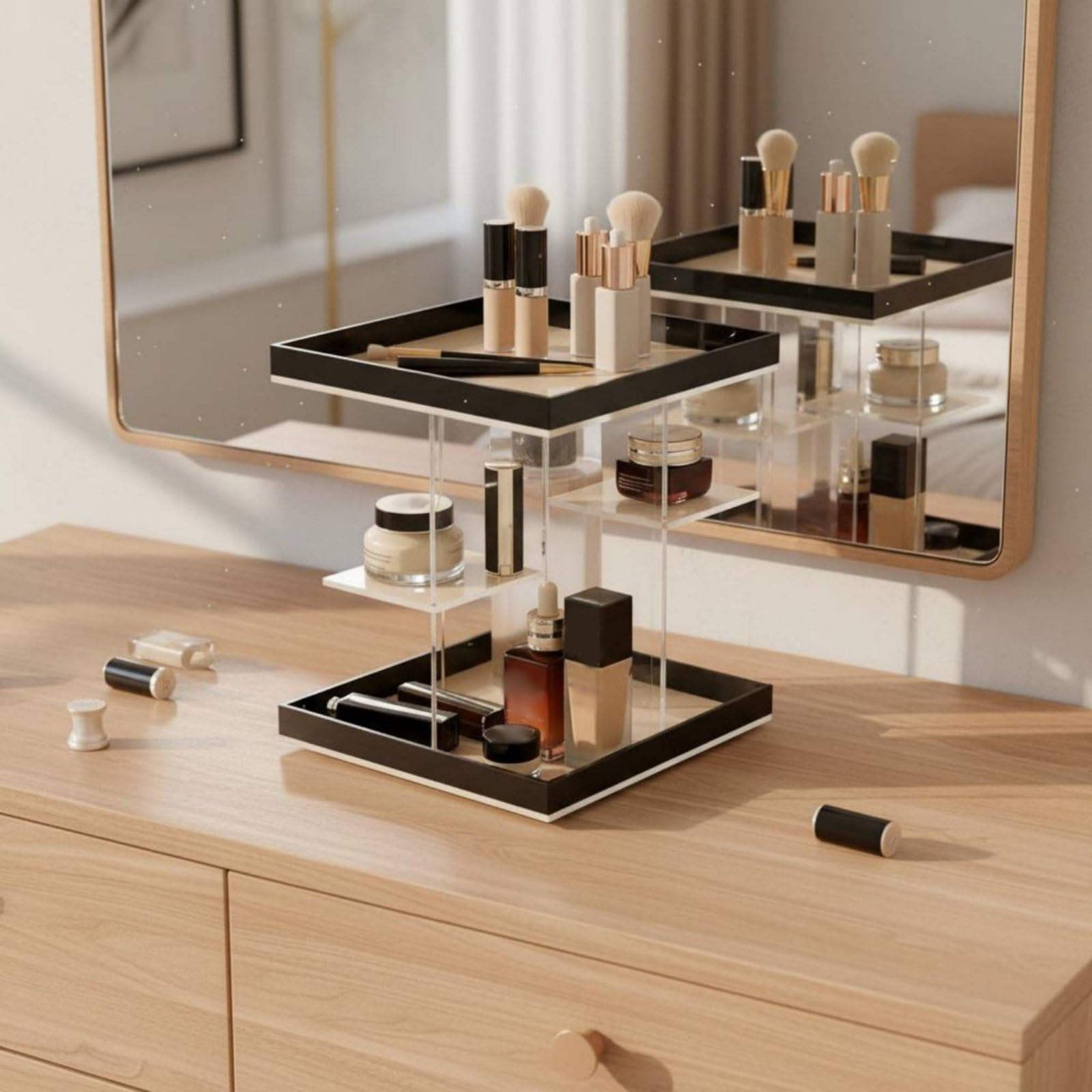 Bandeja Giratoria Acrílica Organizador Maquillaje Cosméticos Perfumes Accesorios Acrílico Grueso con Estabilidad para la Encimera Adecuada para, Model B 3-Drawer