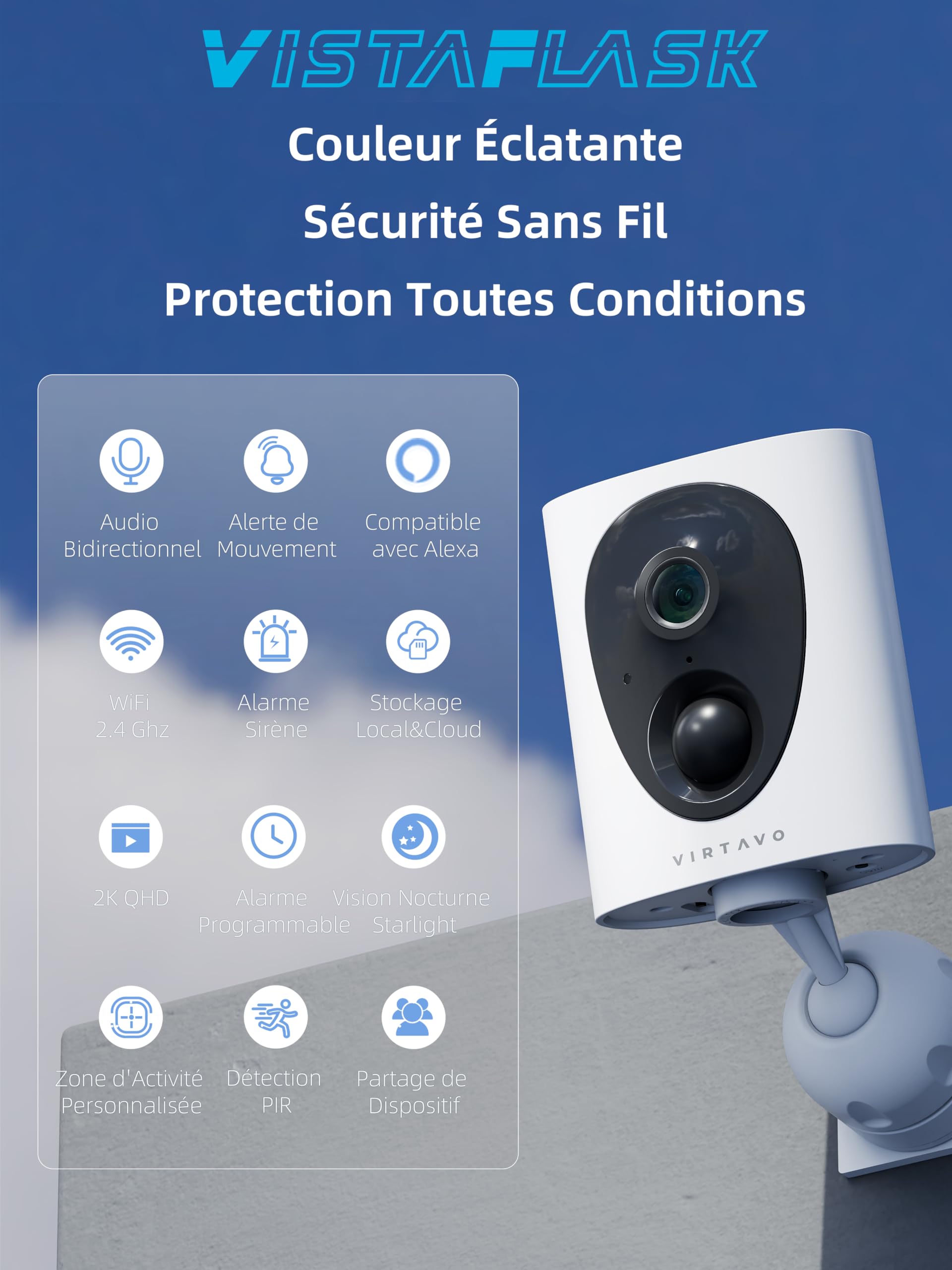 VIRTAVO Caméra Surveillance WiFi Extérieure sans Fil, 2K Caméra Extérieure, Batterie Rechargeable, Détecteur de Mouvement PIR, Alarme Maison, Vision Nocturne Couleur, Carte SD/Cloud | Détection PIR, audio bidirectionnel, Wi-Fi 2,4 GHz, sans abonnement, ut