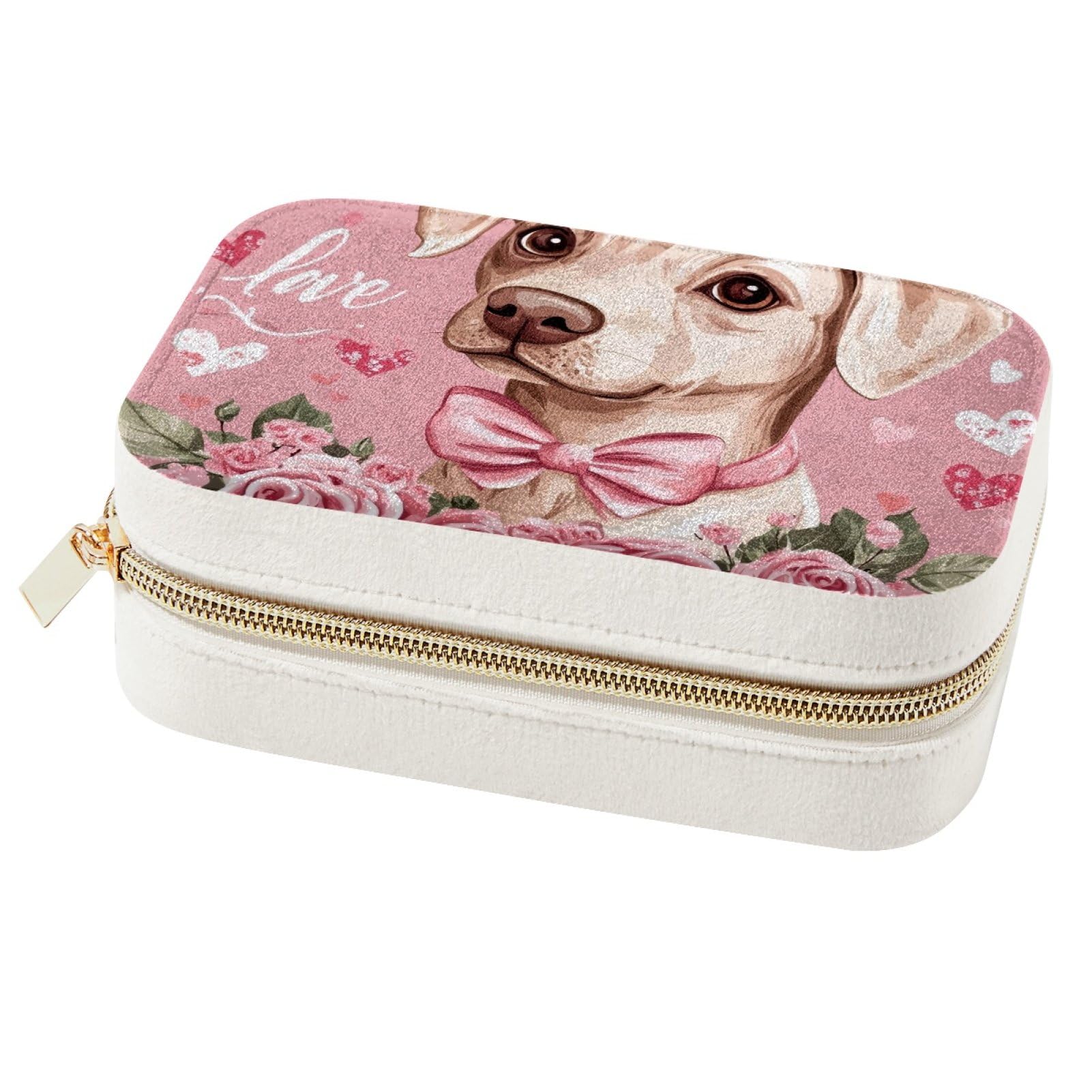 Boîte à bijoux de voyage chien rose pour organiser vos colliers en vacances