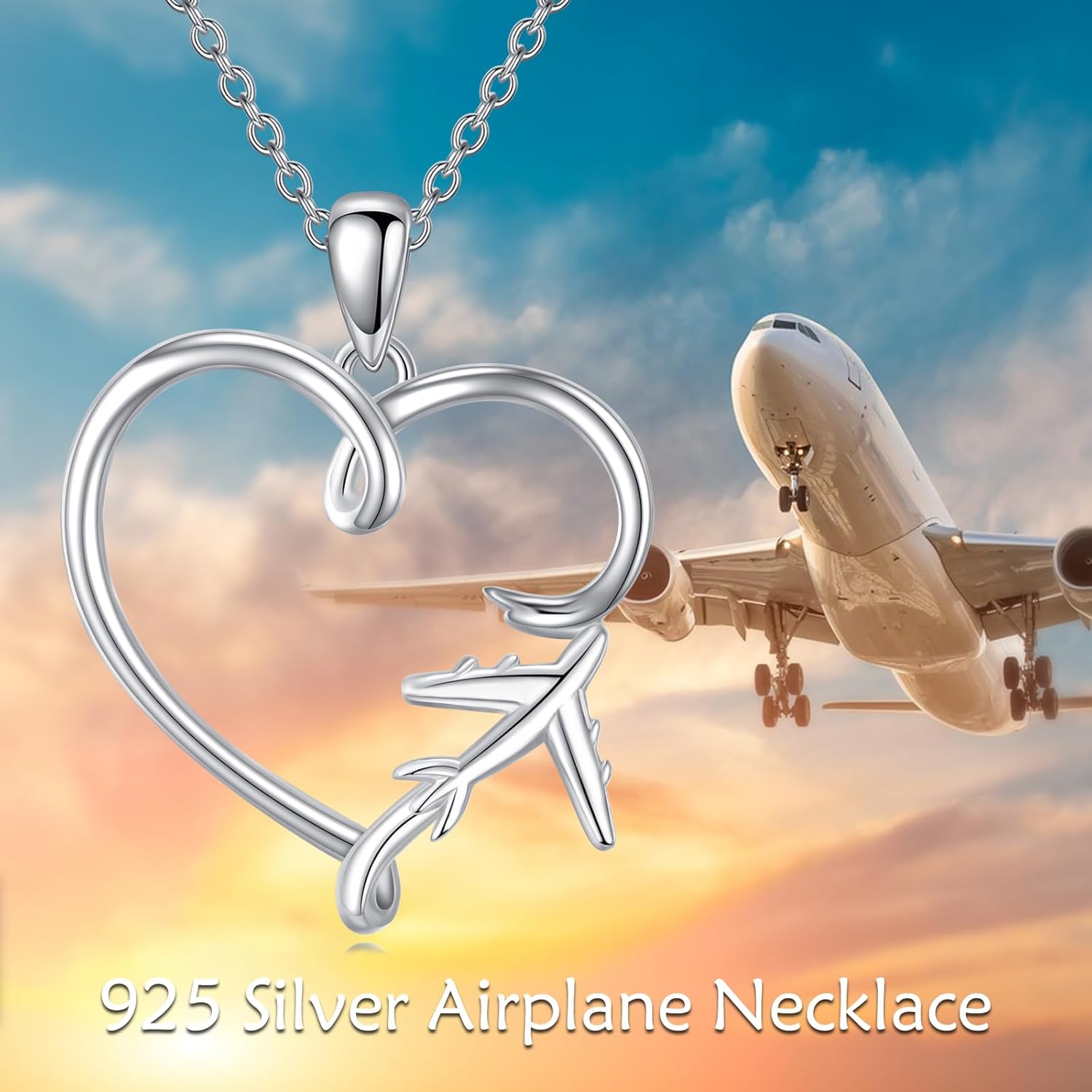 CRMAD Airplane Necklace for Women Sterling Silver Heart Flight Attendant Gifts